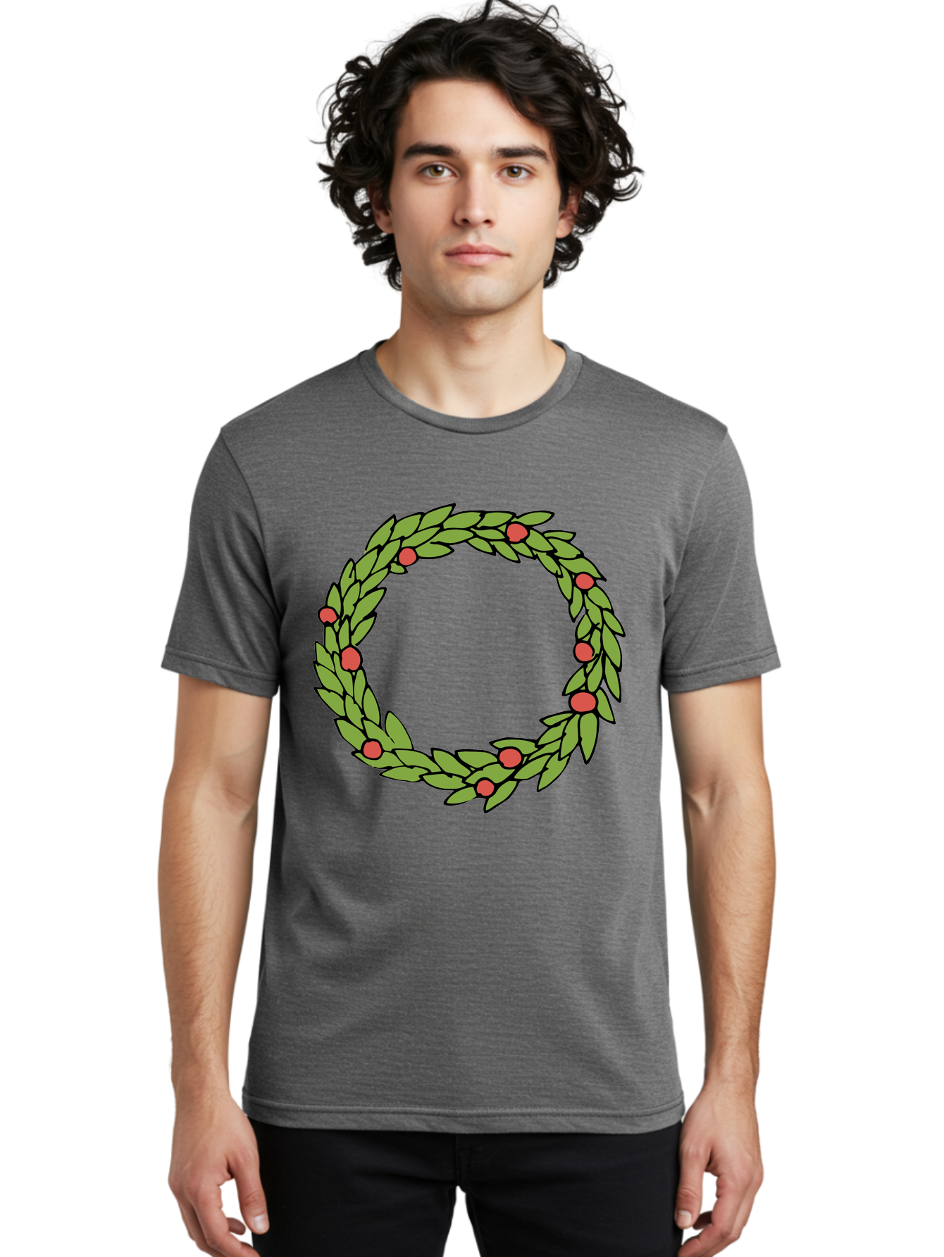 Laurel-Wreath Men'S Graphic Tee, 100% Cotton, Comfortable Casual Summer Wear, Machine Washable, Laurel Wreath, Green Leaves, Red Berries, Circular Design, Symbolic Motif, Traditional Emblem, Vintage Decoration, Classic Iconography, - Aaa960