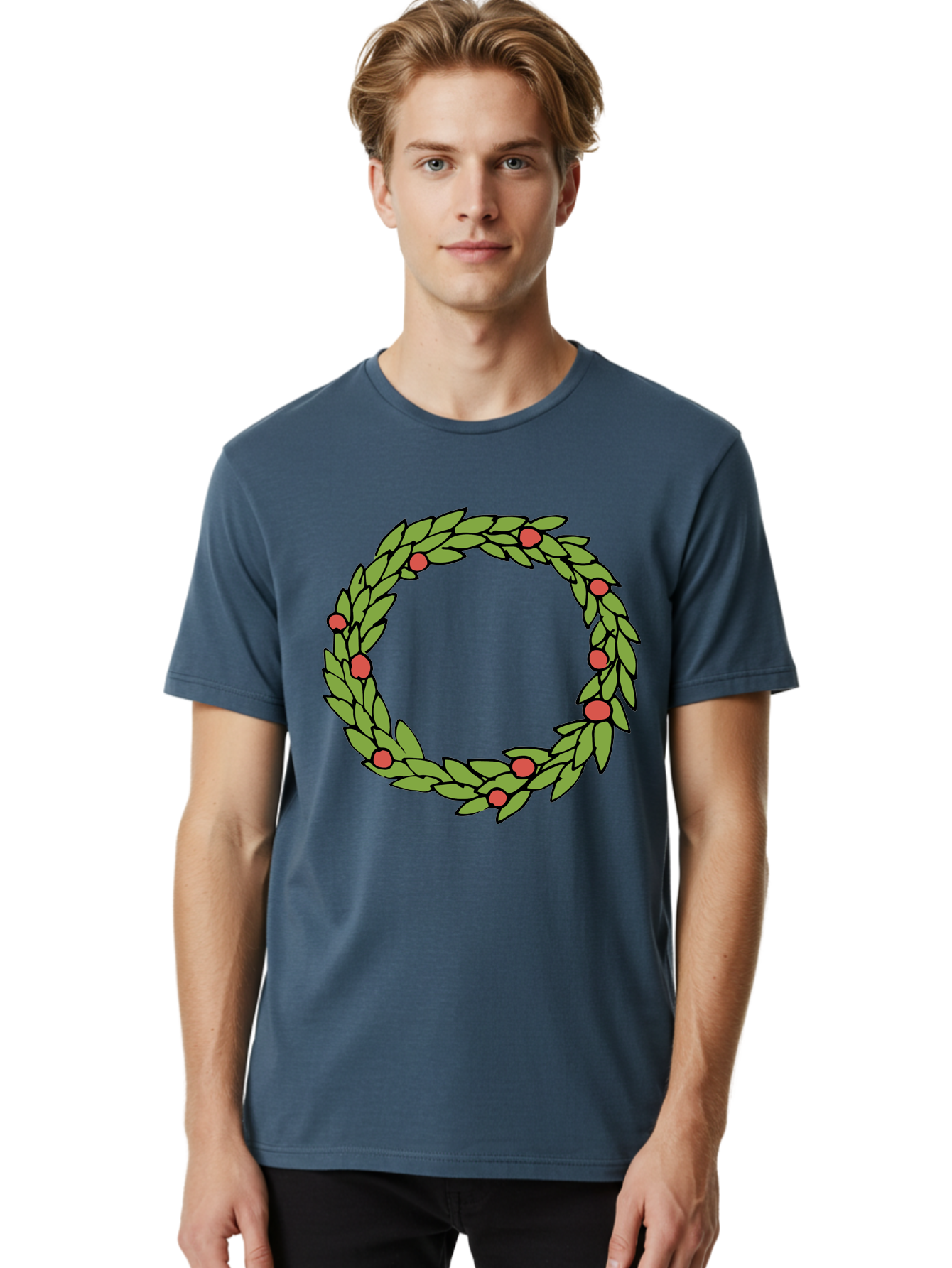 Laurel-Wreath Men'S Graphic Tee, 100% Cotton, Comfortable Casual Summer Wear, Machine Washable, Laurel Wreath, Green Leaves, Red Berries, Circular Design, Symbolic Motif, Traditional Emblem, Vintage Decoration, Classic Iconography, - Aaa960