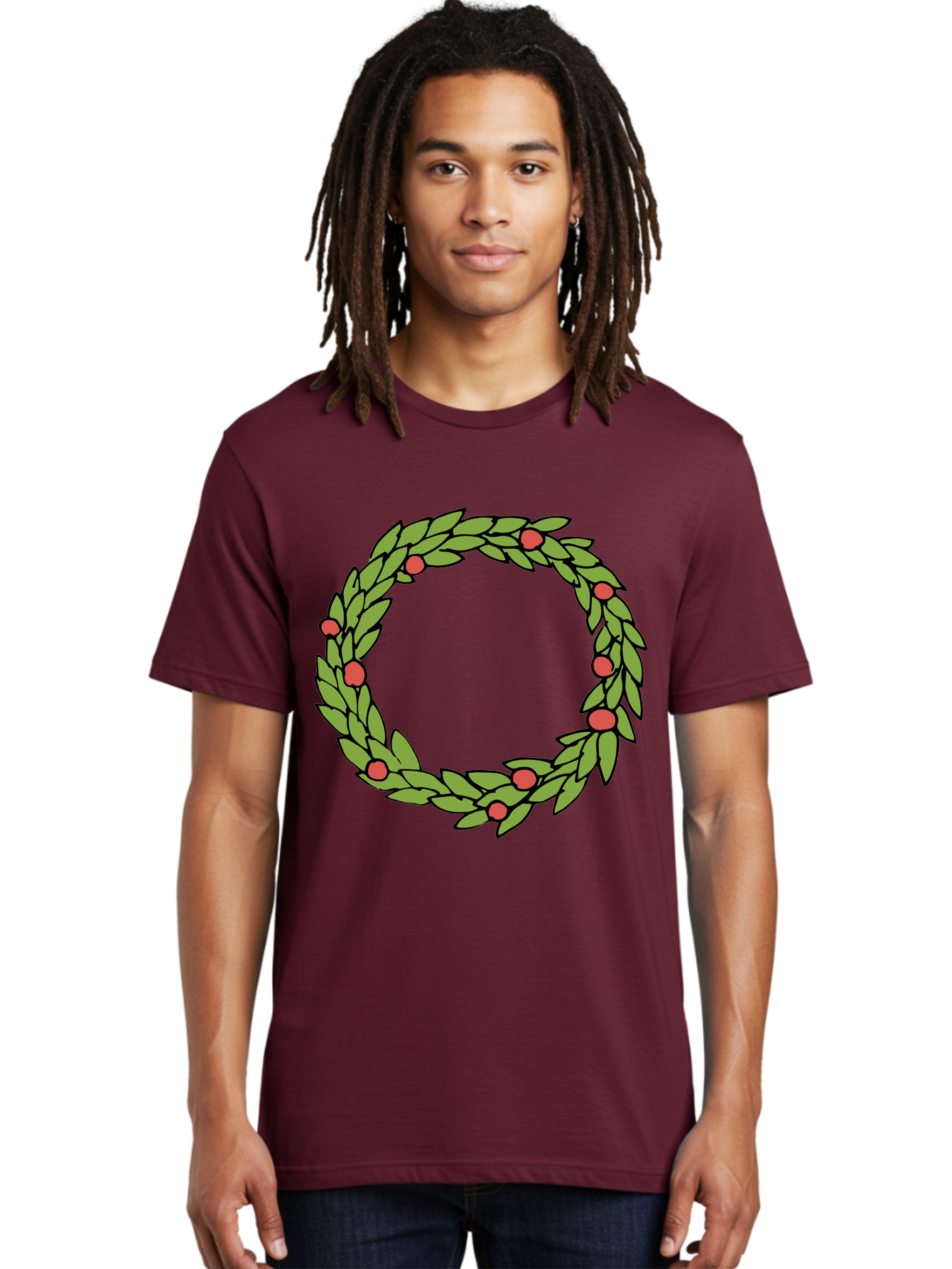 Laurel-Wreath Men'S Graphic Tee, 100% Cotton, Comfortable Casual Summer Wear, Machine Washable, Laurel Wreath, Green Leaves, Red Berries, Circular Design, Symbolic Motif, Traditional Emblem, Vintage Decoration, Classic Iconography, - Aaa960