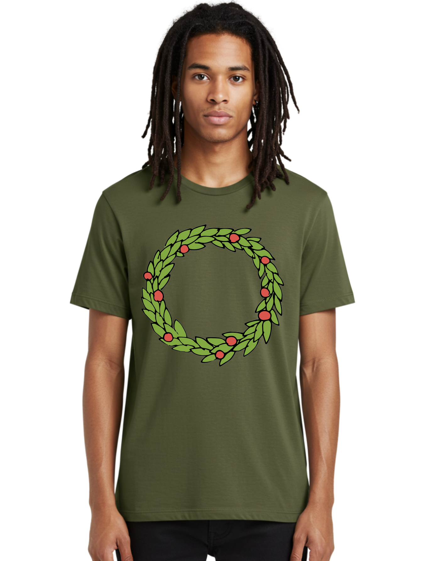 Laurel-Wreath Men'S Graphic Tee, 100% Cotton, Comfortable Casual Summer Wear, Machine Washable, Laurel Wreath, Green Leaves, Red Berries, Circular Design, Symbolic Motif, Traditional Emblem, Vintage Decoration, Classic Iconography, - Aaa960