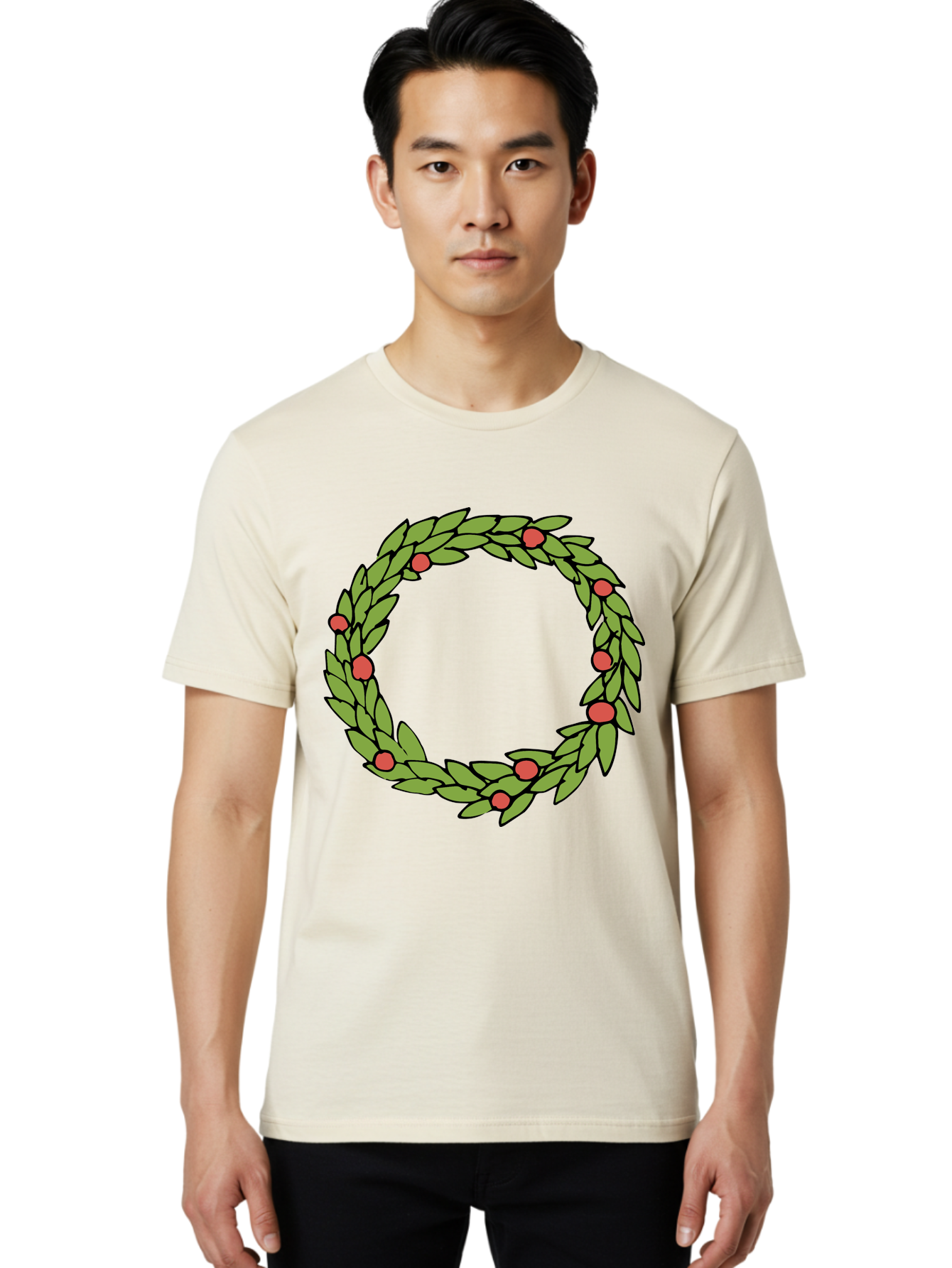 Laurel-Wreath Men'S Graphic Tee, 100% Cotton, Comfortable Casual Summer Wear, Machine Washable, Laurel Wreath, Green Leaves, Red Berries, Circular Design, Symbolic Motif, Traditional Emblem, Vintage Decoration, Classic Iconography, - Aaa960