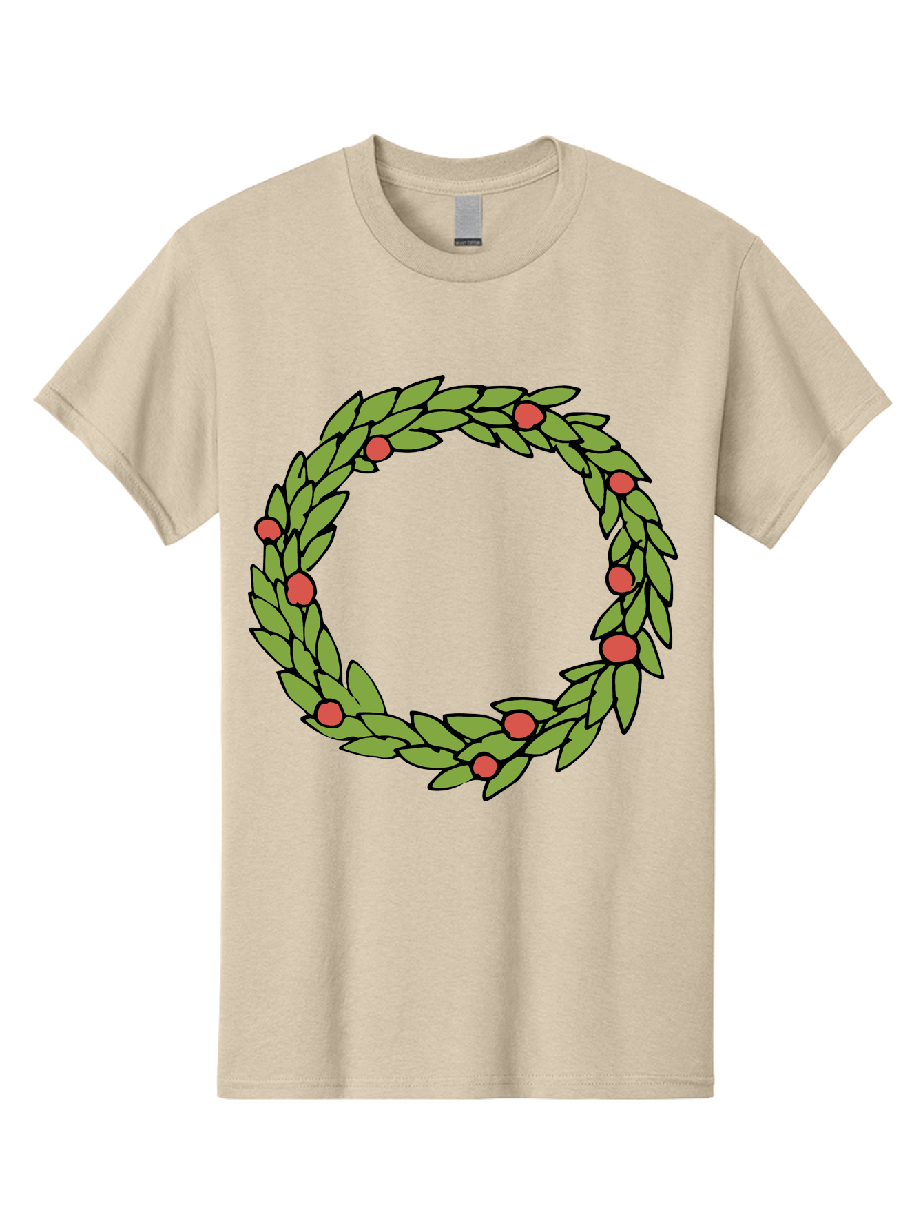 Laurel-Wreath Men'S Graphic Tee, 100% Cotton, Comfortable Casual Summer Wear, Machine Washable, Laurel Wreath, Green Leaves, Red Berries, Circular Design, Symbolic Motif, Traditional Emblem, Vintage Decoration, Classic Iconography, - Aaa960