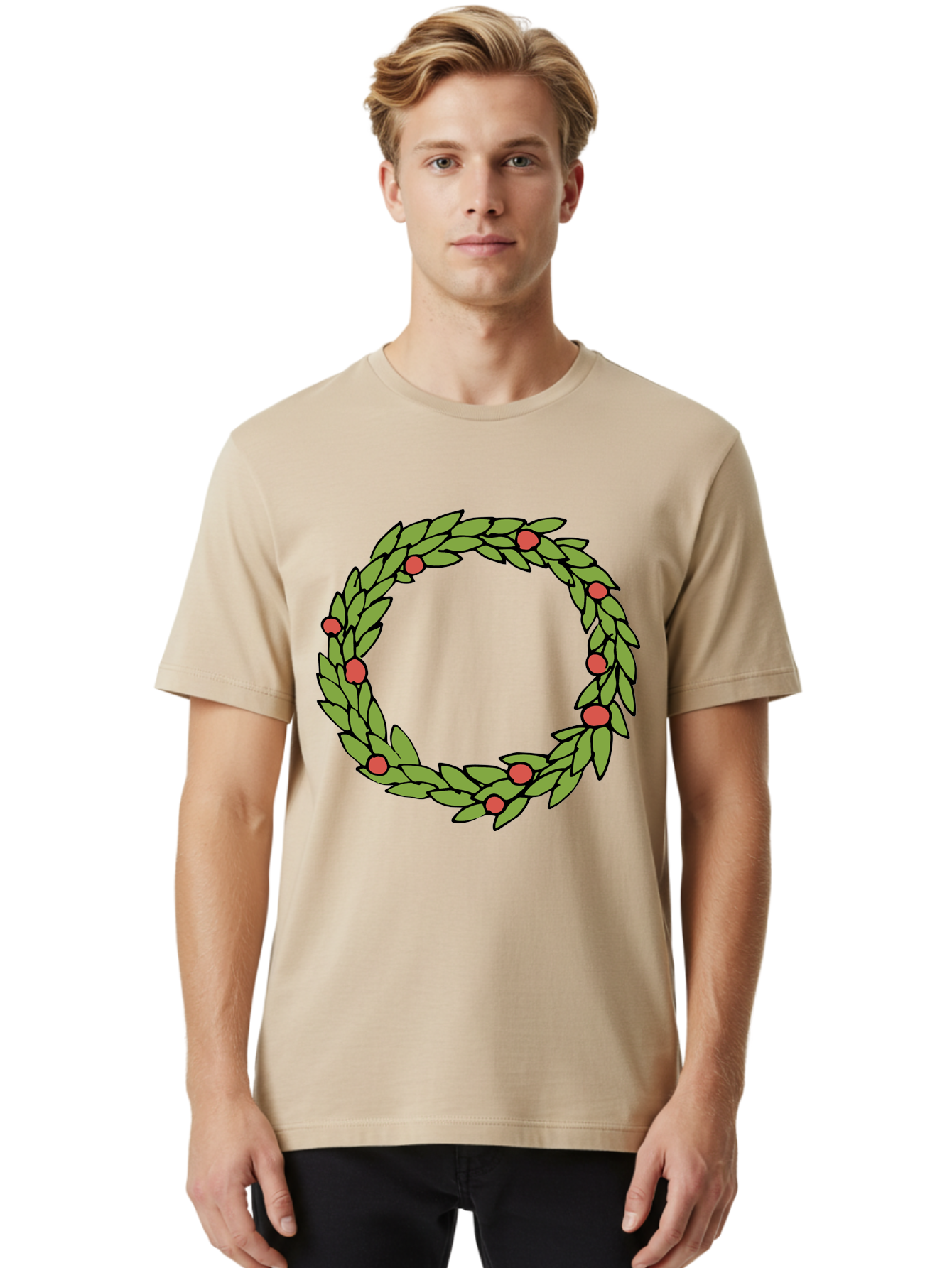 Laurel-Wreath Men'S Graphic Tee, 100% Cotton, Comfortable Casual Summer Wear, Machine Washable, Laurel Wreath, Green Leaves, Red Berries, Circular Design, Symbolic Motif, Traditional Emblem, Vintage Decoration, Classic Iconography, - Aaa960