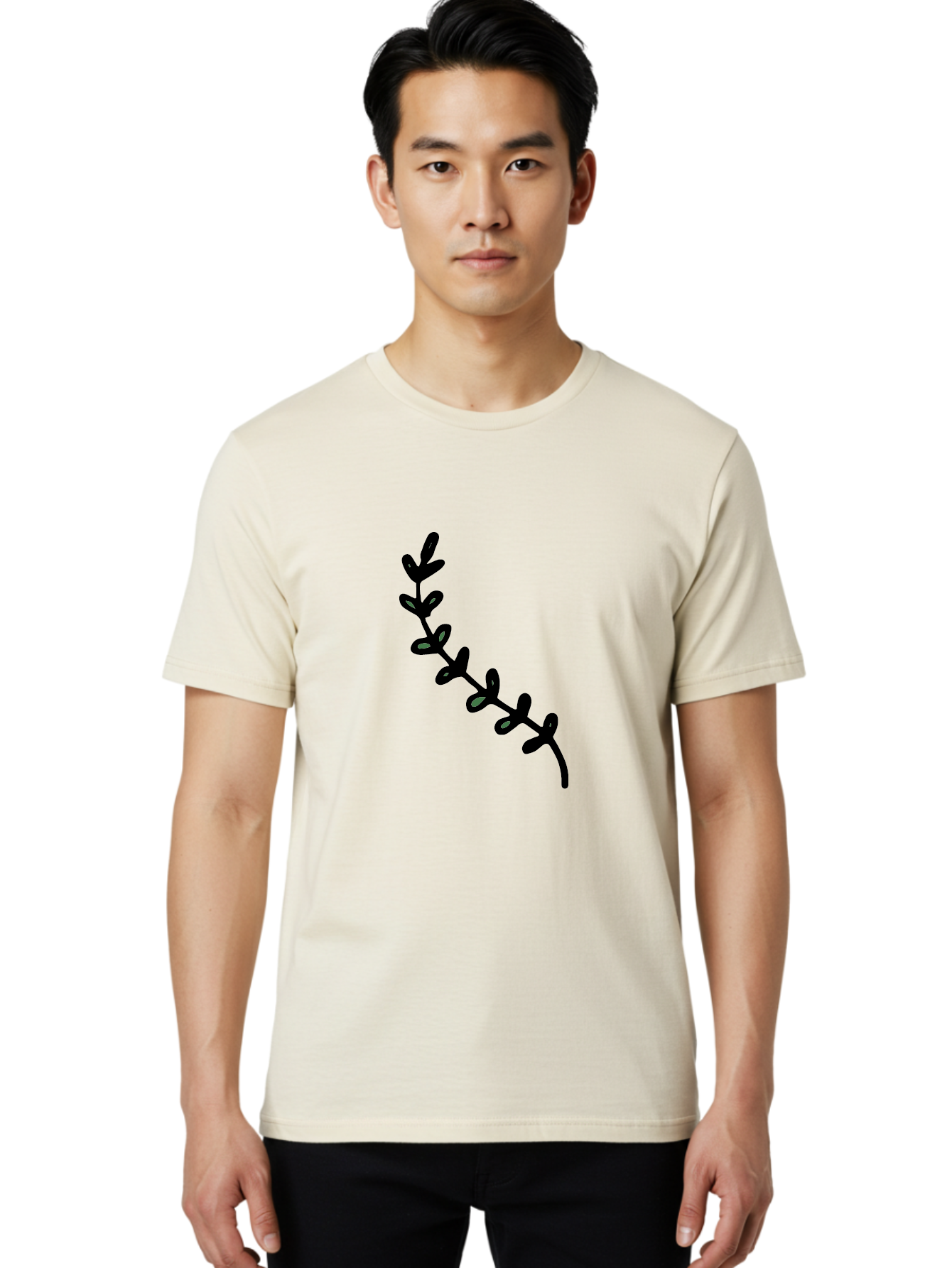 Leafy-Branch Men'S Graphic Tee, 100% Cotton, Comfortable Casual Summer Wear, Machine Washable, Simple Vine, Curved Stem, Black Leaves, Grey Highlights, Digital Art, Minimalist Design, Simple Shapes, Modern Illustration, Stylized Foliage, - Aaa966