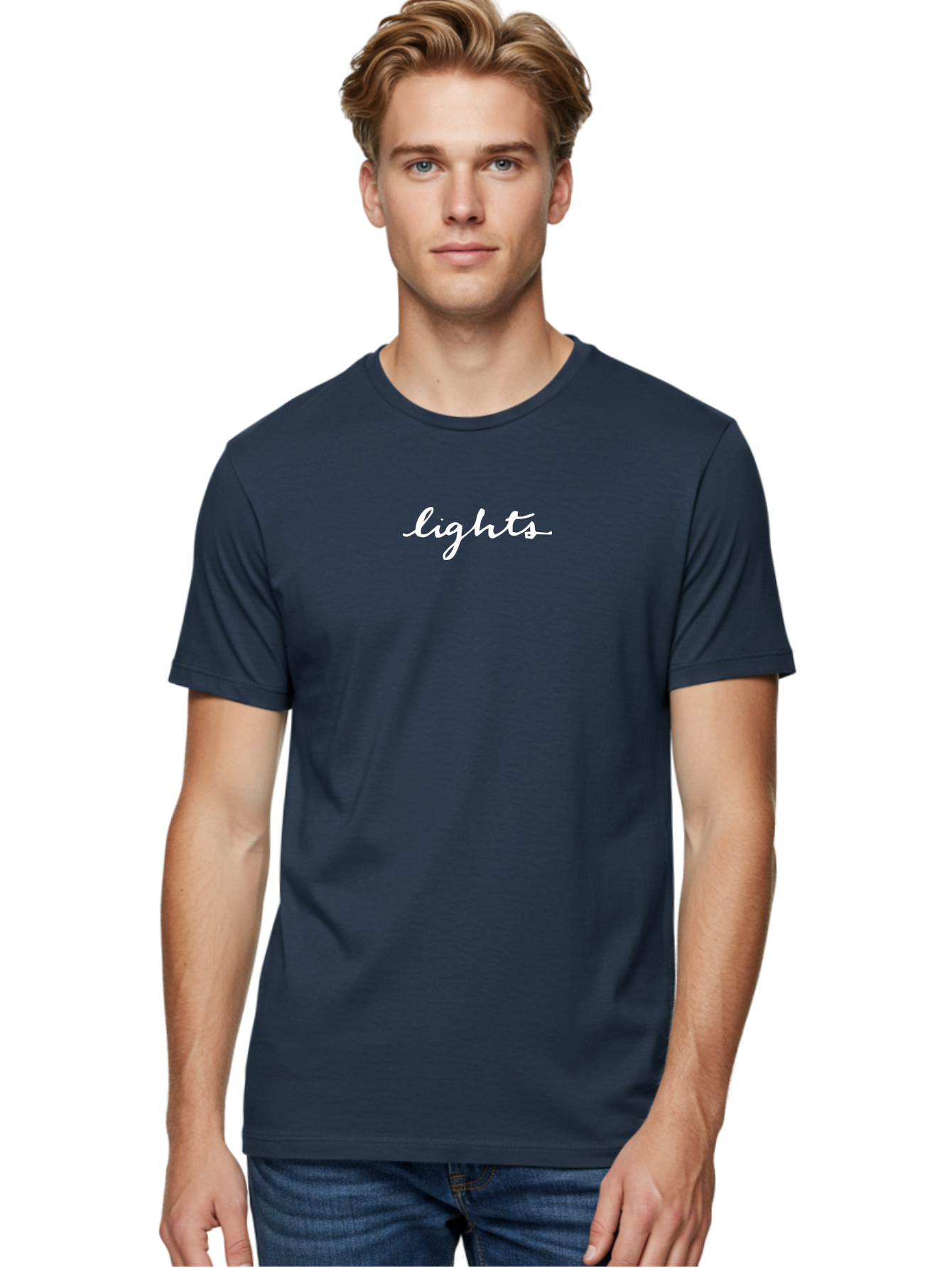 Lights Men'S Graphic Tee, 100% Cotton, Comfortable Casual Summer Wear, Machine Washable, White Cursive Text, Lights Signage, Glowing Effect, Elegant Typography, Soft Lighting, Modern Design, Aesthetic Appeal - Aaa971