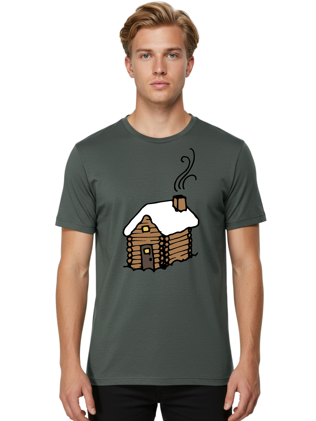 Log-Cabin Men'S Graphic Tee, 100% Cotton, Comfortable Casual Summer Wear, Machine Washable, Cozy Log Cabin, Snow-Covered Roof, Warm Fireplace, Snowy Landscape, Winter Wonderland, Rustic Charm, Cabin In The Woods - Aaa972