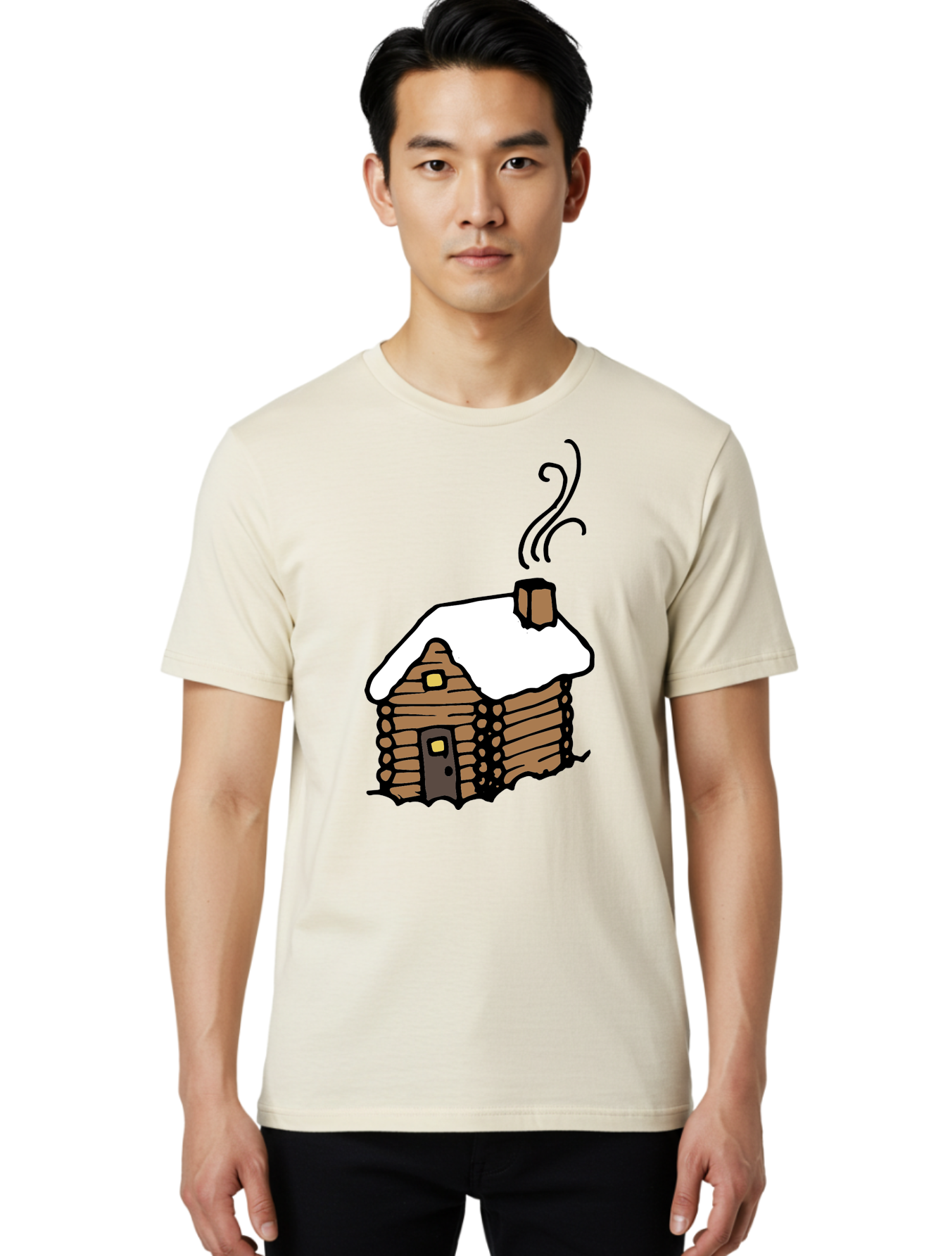 Log-Cabin Men'S Graphic Tee, 100% Cotton, Comfortable Casual Summer Wear, Machine Washable, Cozy Log Cabin, Snow-Covered Roof, Warm Fireplace, Snowy Landscape, Winter Wonderland, Rustic Charm, Cabin In The Woods - Aaa972