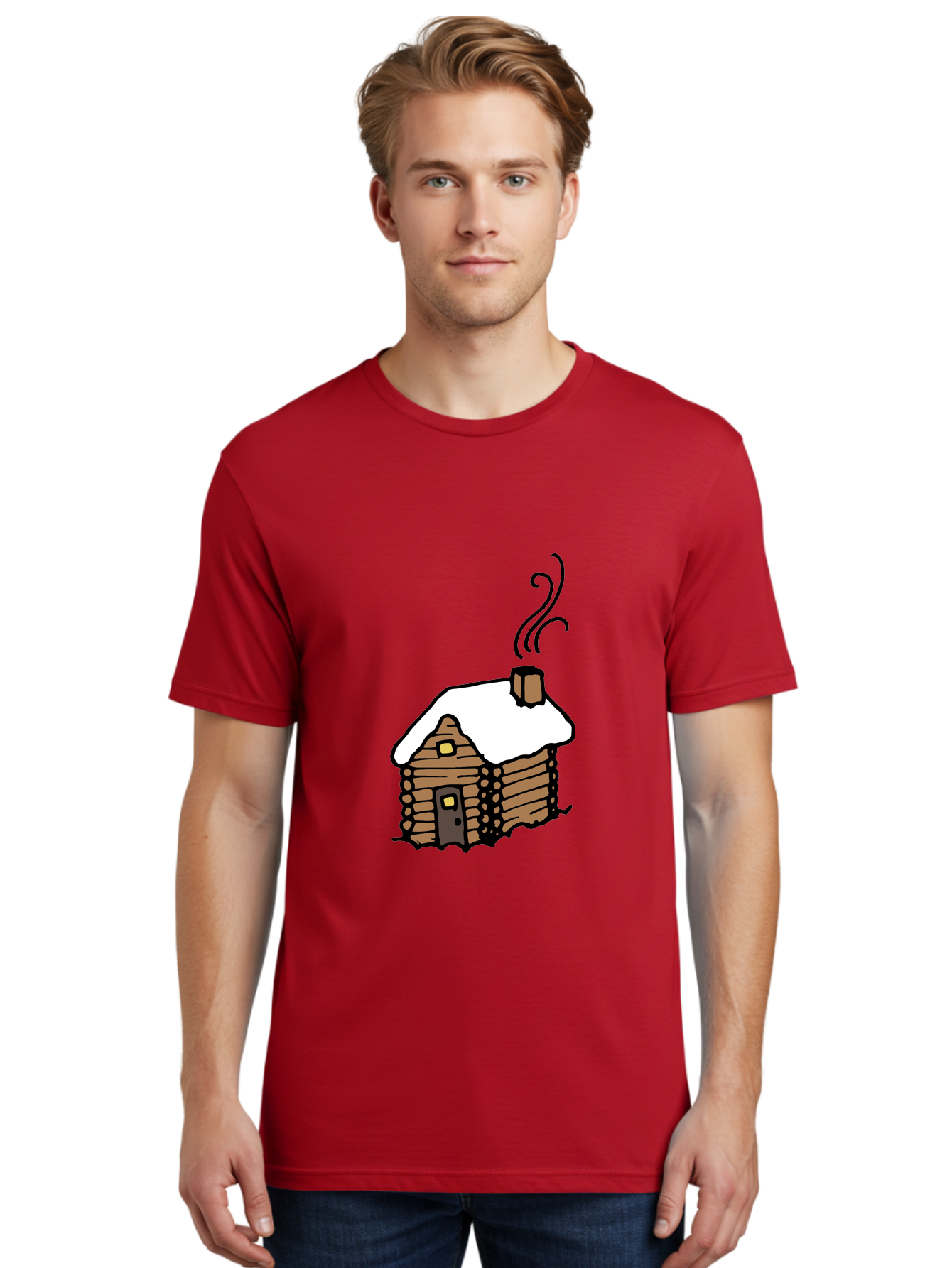 Log-Cabin Men'S Graphic Tee, 100% Cotton, Comfortable Casual Summer Wear, Machine Washable, Cozy Log Cabin, Snow-Covered Roof, Warm Fireplace, Snowy Landscape, Winter Wonderland, Rustic Charm, Cabin In The Woods - Aaa972