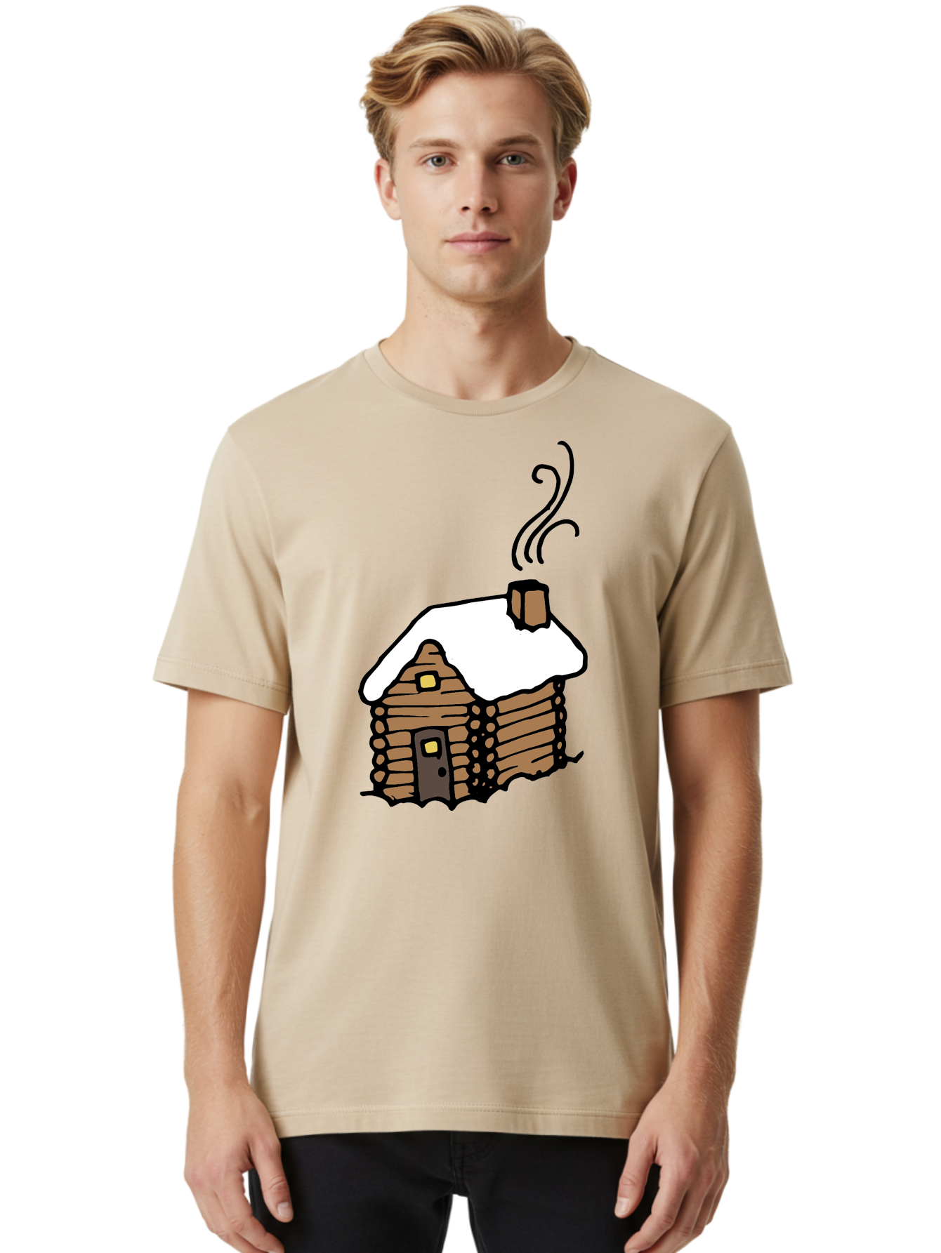 Log-Cabin Men'S Graphic Tee, 100% Cotton, Comfortable Casual Summer Wear, Machine Washable, Cozy Log Cabin, Snow-Covered Roof, Warm Fireplace, Snowy Landscape, Winter Wonderland, Rustic Charm, Cabin In The Woods - Aaa972