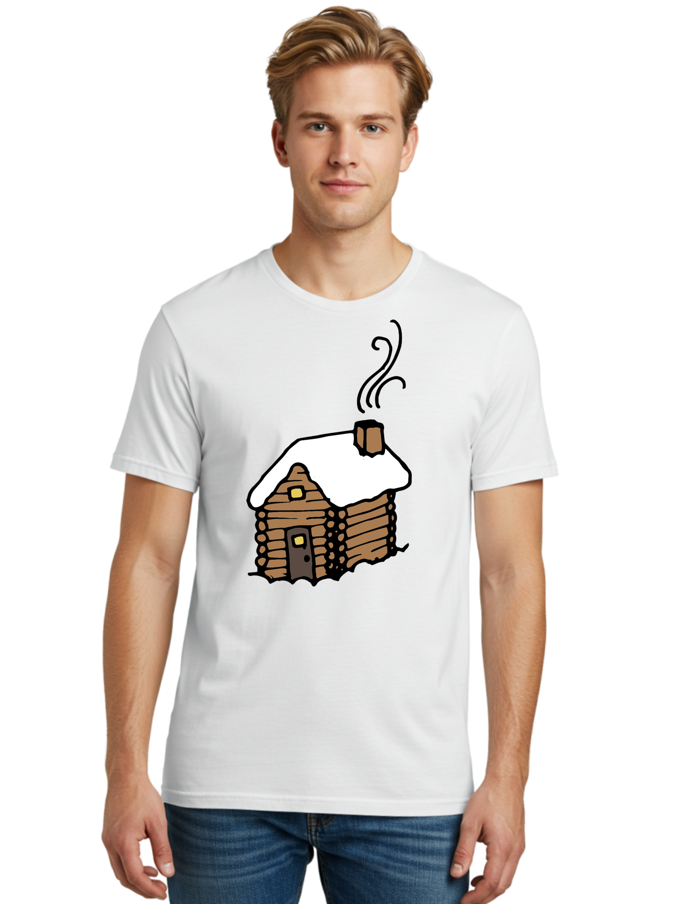 Log-Cabin Men'S Graphic Tee, 100% Cotton, Comfortable Casual Summer Wear, Machine Washable, Cozy Log Cabin, Snow-Covered Roof, Warm Fireplace, Snowy Landscape, Winter Wonderland, Rustic Charm, Cabin In The Woods - Aaa972