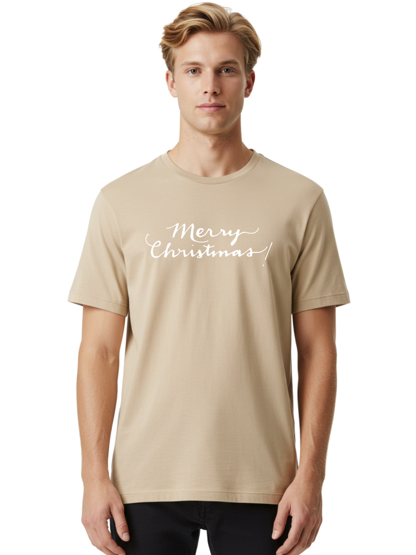 Merry-Christmas-8 Men'S Graphic Tee, 100% Cotton, Comfortable Casual Summer Wear, Machine Washable, Merry Christmas, Holiday Wishes, Festive Greeting, Christmas Message, Joyful Wishes, Holiday Cheer, White Calligraphy - Aaa987