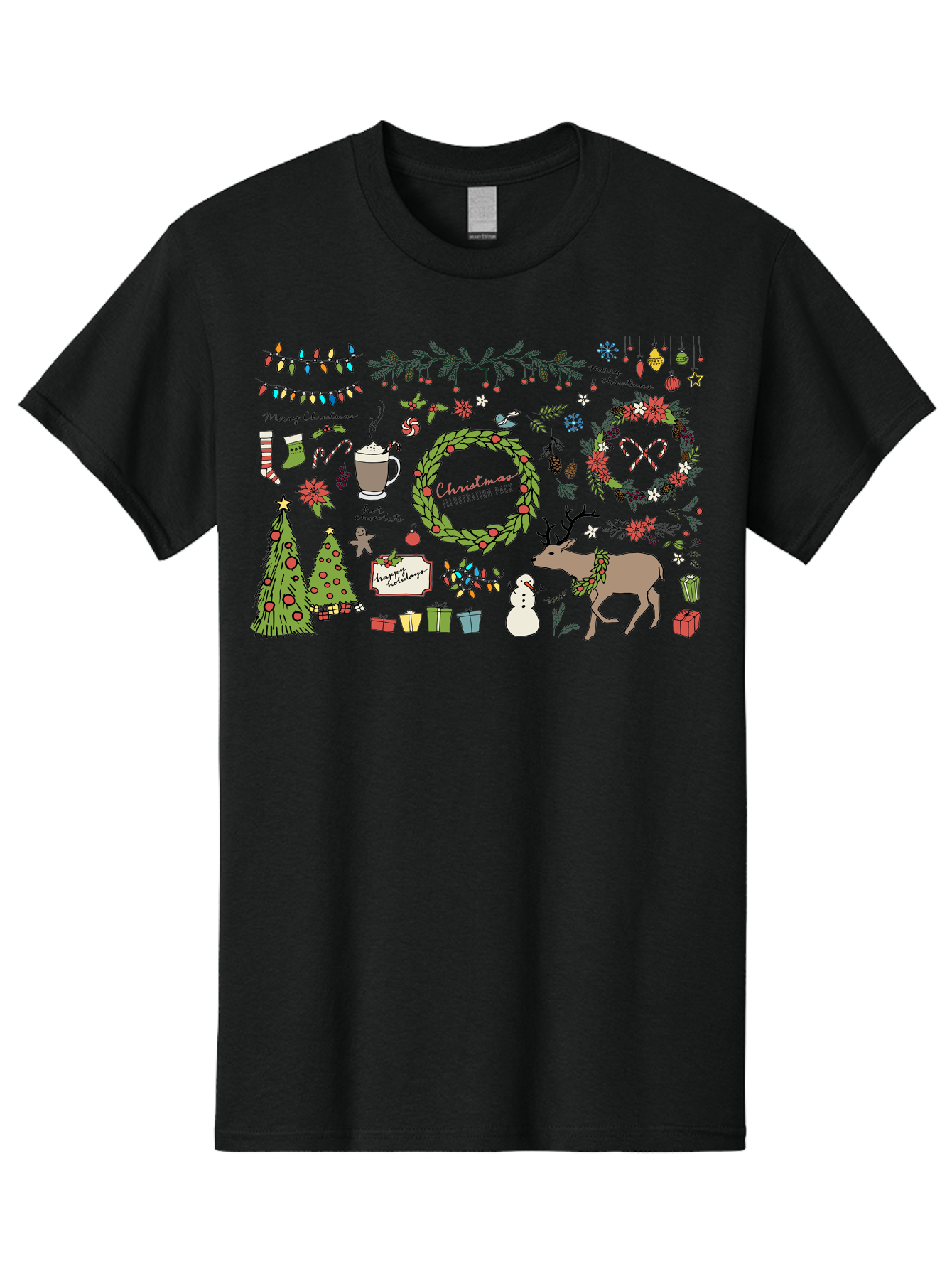 Merry-Christmas-Illustration-Pack Men'S Graphic Tee, 100% Cotton, Comfortable Casual Summer Wear, Machine Washable, Christmas Decoration, Festive Elements, Winter Wonderland, Holiday Illustrations, Christmas Tree, Reindeer, Snowman, - Aaa989