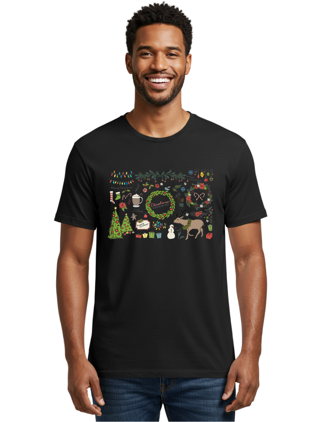 Merry-Christmas-Illustration-Pack Men'S Graphic Tee, 100% Cotton, Comfortable Casual Summer Wear, Machine Washable, Christmas Decoration, Festive Elements, Winter Wonderland, Holiday Illustrations, Christmas Tree, Reindeer, Snowman, - Aaa989