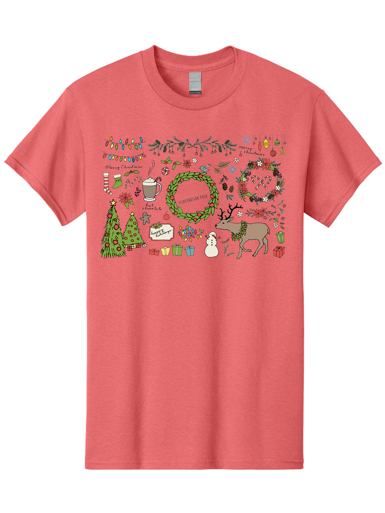 Merry-Christmas-Illustration-Pack Men'S Graphic Tee, 100% Cotton, Comfortable Casual Summer Wear, Machine Washable, Christmas Decoration, Festive Elements, Winter Wonderland, Holiday Illustrations, Christmas Tree, Reindeer, Snowman, - Aaa989