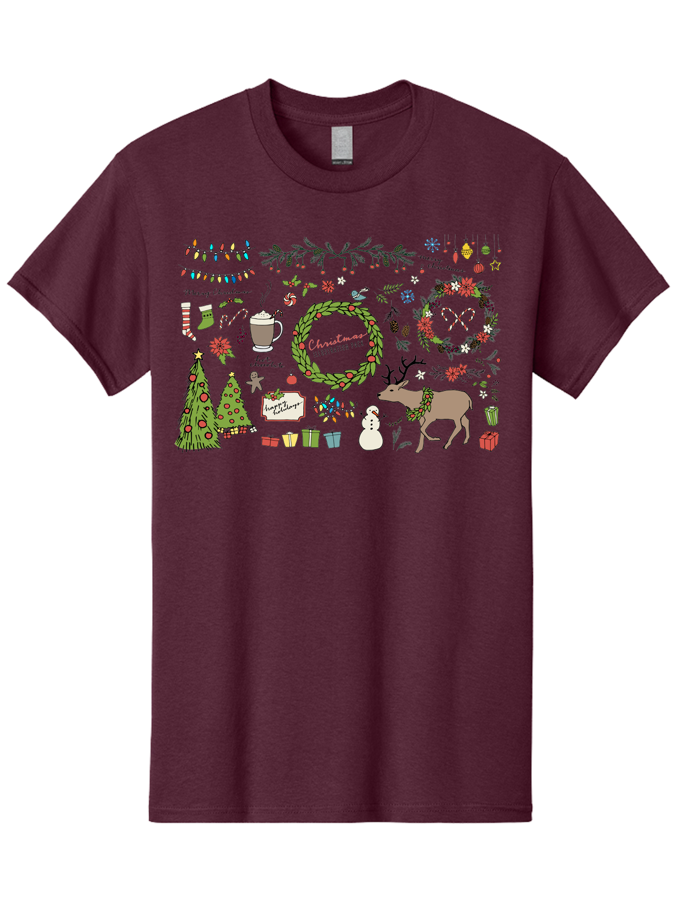 Merry-Christmas-Illustration-Pack Men'S Graphic Tee, 100% Cotton, Comfortable Casual Summer Wear, Machine Washable, Christmas Decoration, Festive Elements, Winter Wonderland, Holiday Illustrations, Christmas Tree, Reindeer, Snowman, - Aaa989