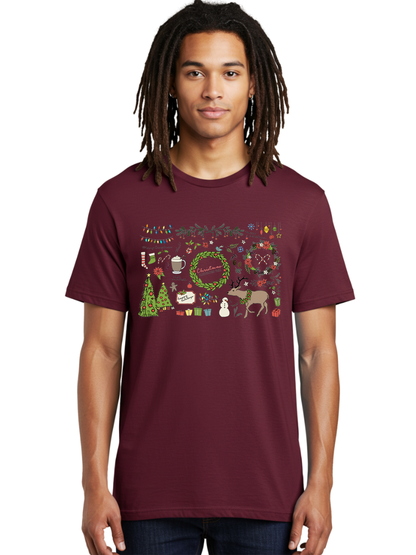 Merry-Christmas-Illustration-Pack Men'S Graphic Tee, 100% Cotton, Comfortable Casual Summer Wear, Machine Washable, Christmas Decoration, Festive Elements, Winter Wonderland, Holiday Illustrations, Christmas Tree, Reindeer, Snowman, - Aaa989