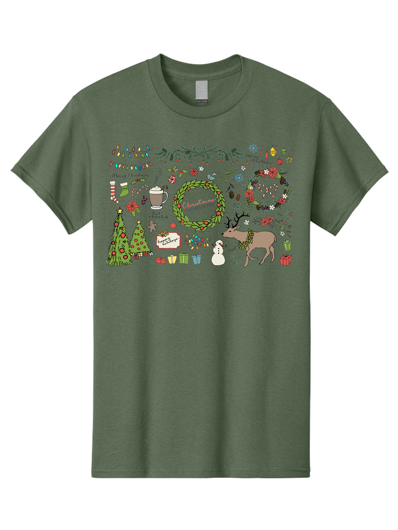 Merry-Christmas-Illustration-Pack Men'S Graphic Tee, 100% Cotton, Comfortable Casual Summer Wear, Machine Washable, Christmas Decoration, Festive Elements, Winter Wonderland, Holiday Illustrations, Christmas Tree, Reindeer, Snowman, - Aaa989