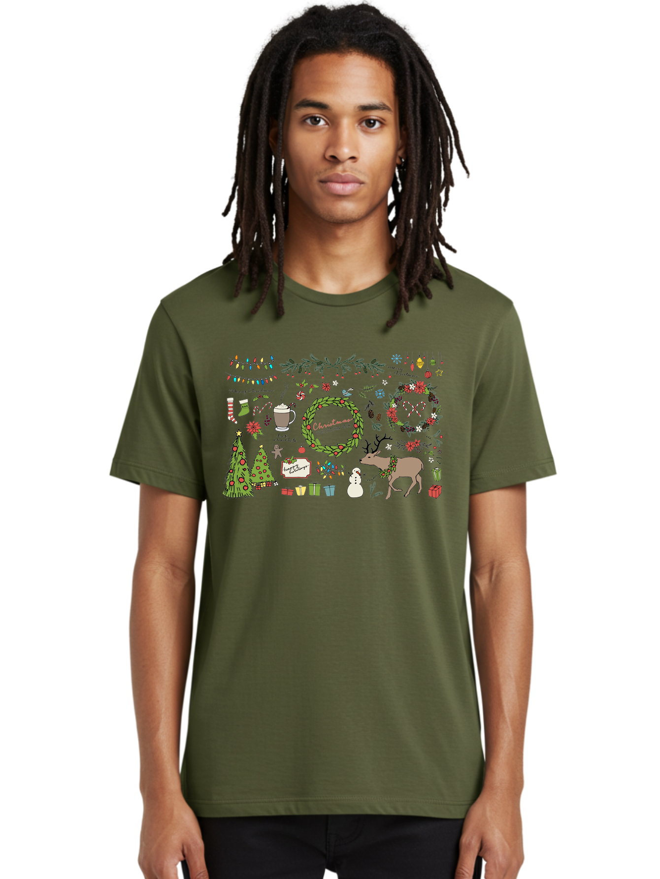Merry-Christmas-Illustration-Pack Men'S Graphic Tee, 100% Cotton, Comfortable Casual Summer Wear, Machine Washable, Christmas Decoration, Festive Elements, Winter Wonderland, Holiday Illustrations, Christmas Tree, Reindeer, Snowman, - Aaa989
