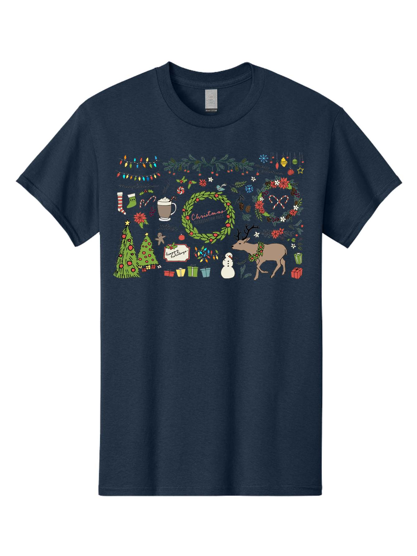 Merry-Christmas-Illustration-Pack Men'S Graphic Tee, 100% Cotton, Comfortable Casual Summer Wear, Machine Washable, Christmas Decoration, Festive Elements, Winter Wonderland, Holiday Illustrations, Christmas Tree, Reindeer, Snowman, - Aaa989