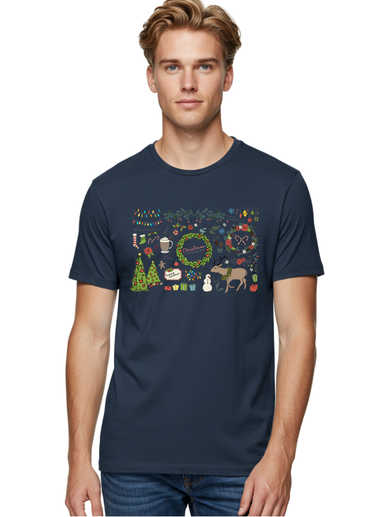 Merry-Christmas-Illustration-Pack Men'S Graphic Tee, 100% Cotton, Comfortable Casual Summer Wear, Machine Washable, Christmas Decoration, Festive Elements, Winter Wonderland, Holiday Illustrations, Christmas Tree, Reindeer, Snowman, - Aaa989