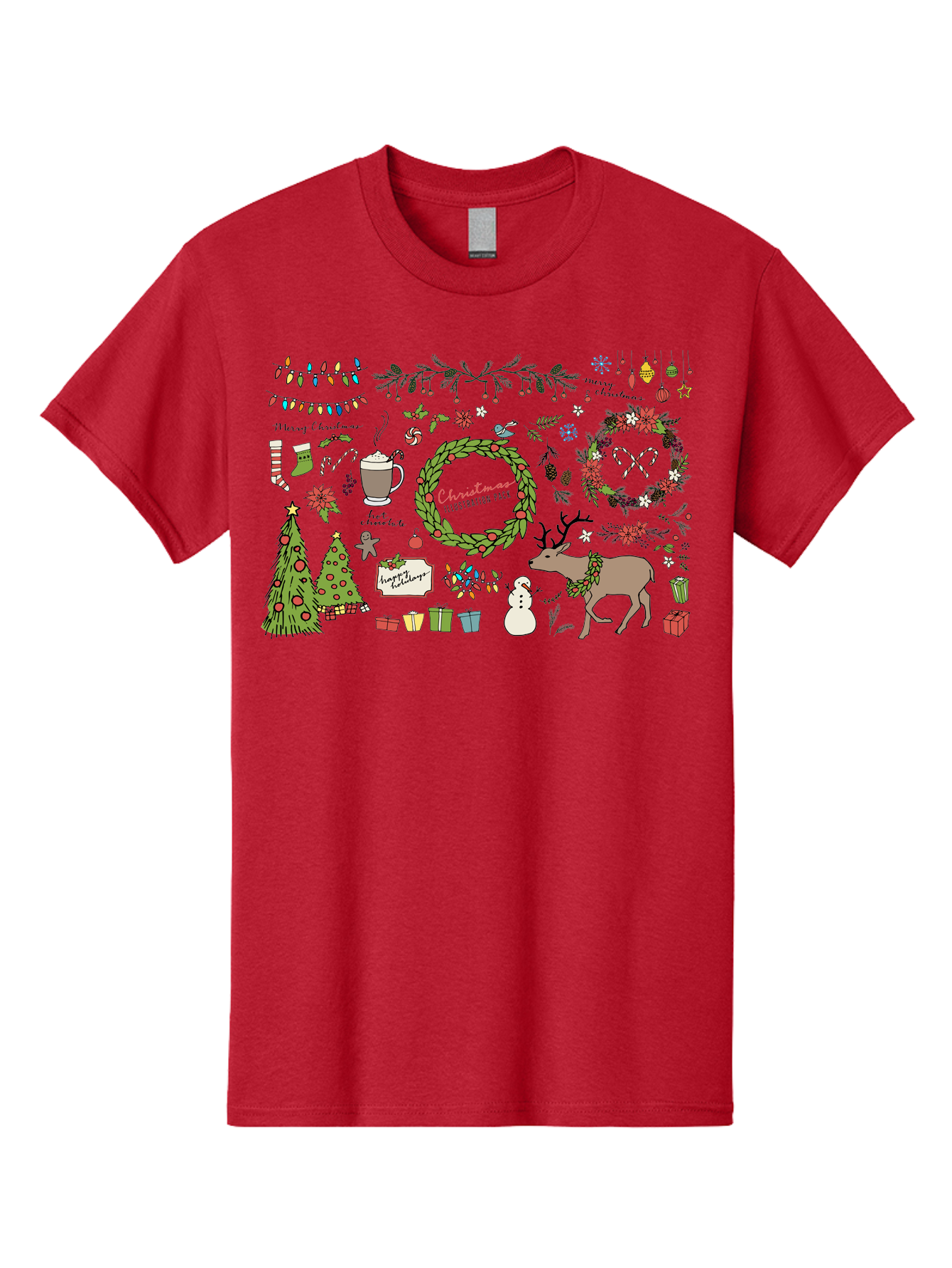 Merry-Christmas-Illustration-Pack Men'S Graphic Tee, 100% Cotton, Comfortable Casual Summer Wear, Machine Washable, Christmas Decoration, Festive Elements, Winter Wonderland, Holiday Illustrations, Christmas Tree, Reindeer, Snowman, - Aaa989