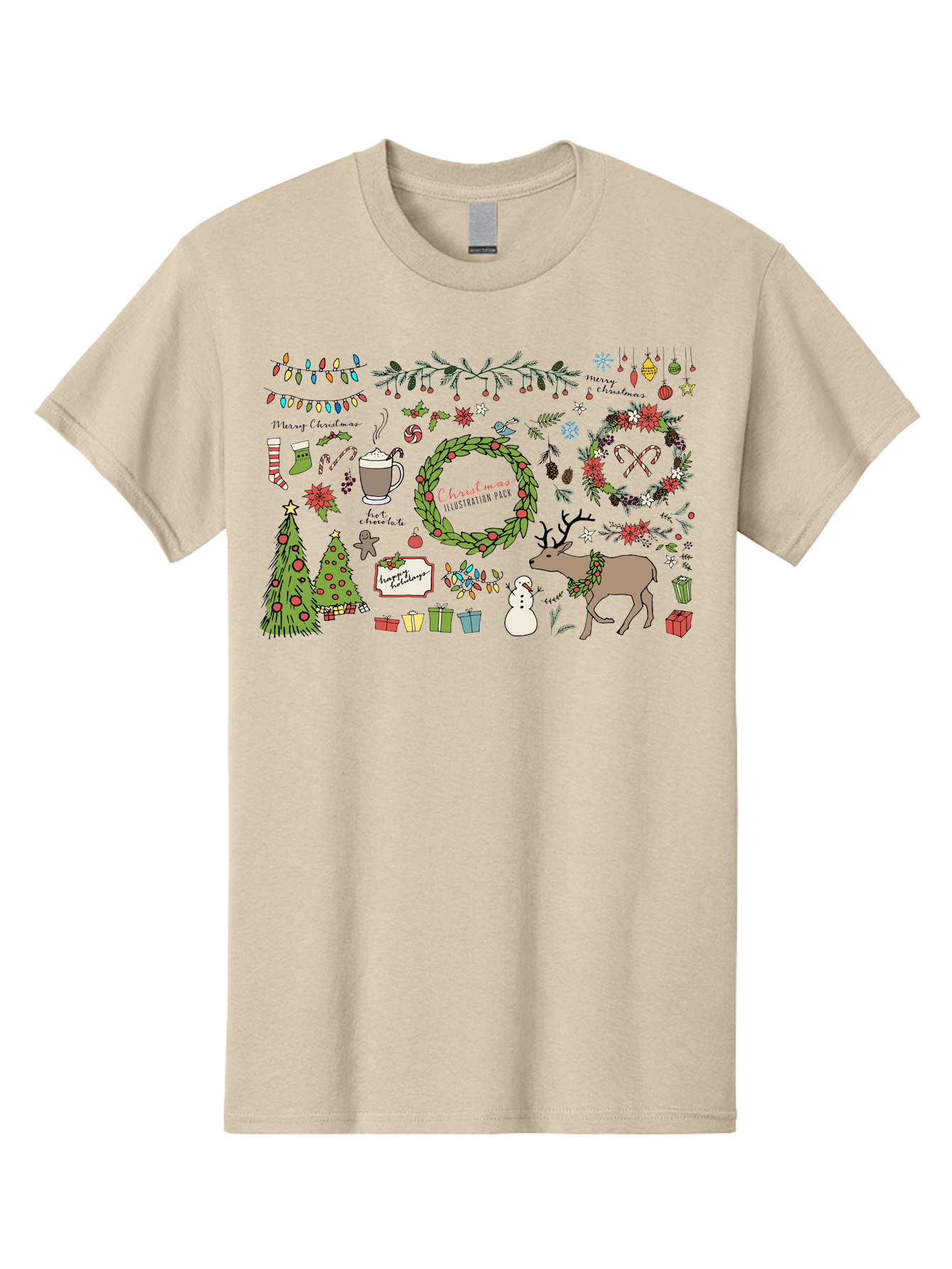 Merry-Christmas-Illustration-Pack Men'S Graphic Tee, 100% Cotton, Comfortable Casual Summer Wear, Machine Washable, Christmas Decoration, Festive Elements, Winter Wonderland, Holiday Illustrations, Christmas Tree, Reindeer, Snowman, - Aaa989