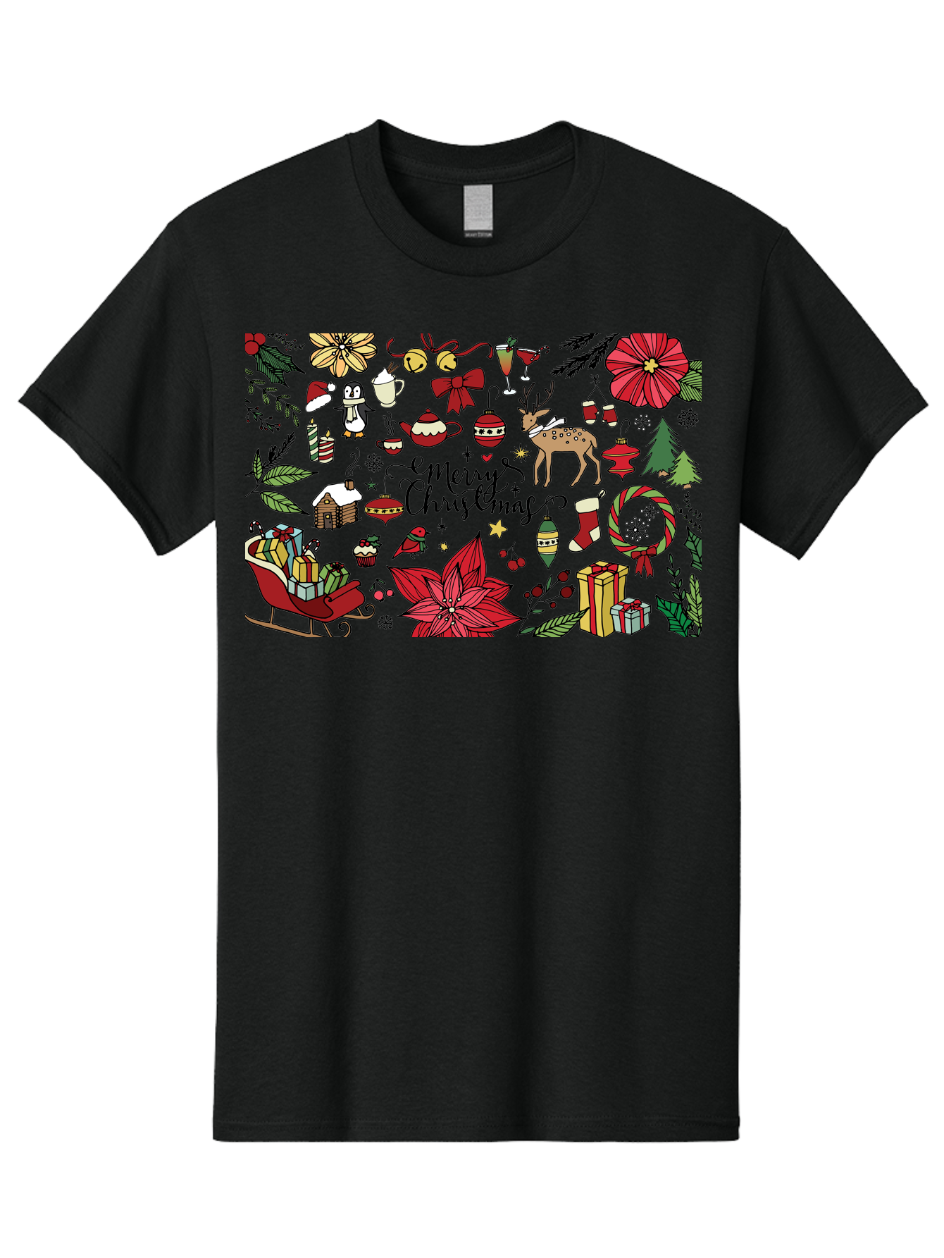 Merry-Christmas Men'S Graphic Tee, 100% Cotton, Comfortable Casual Summer Wear, Machine Washable, Merry Christmas, Holiday Elements, Festive Decorations, Red And Black Illustrations, Christmas Gifts, Sleigh, Reindeer, Poinsettia, - Aaa990