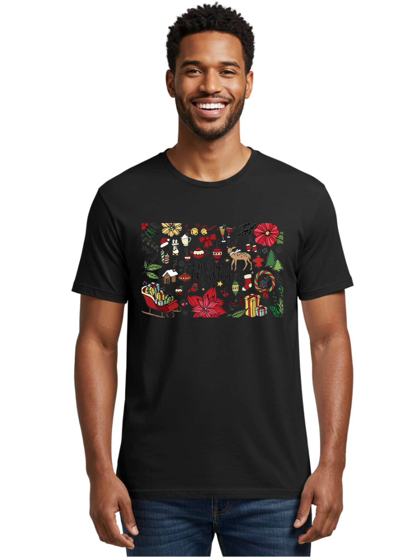 Merry-Christmas Men'S Graphic Tee, 100% Cotton, Comfortable Casual Summer Wear, Machine Washable, Merry Christmas, Holiday Elements, Festive Decorations, Red And Black Illustrations, Christmas Gifts, Sleigh, Reindeer, Poinsettia, - Aaa990