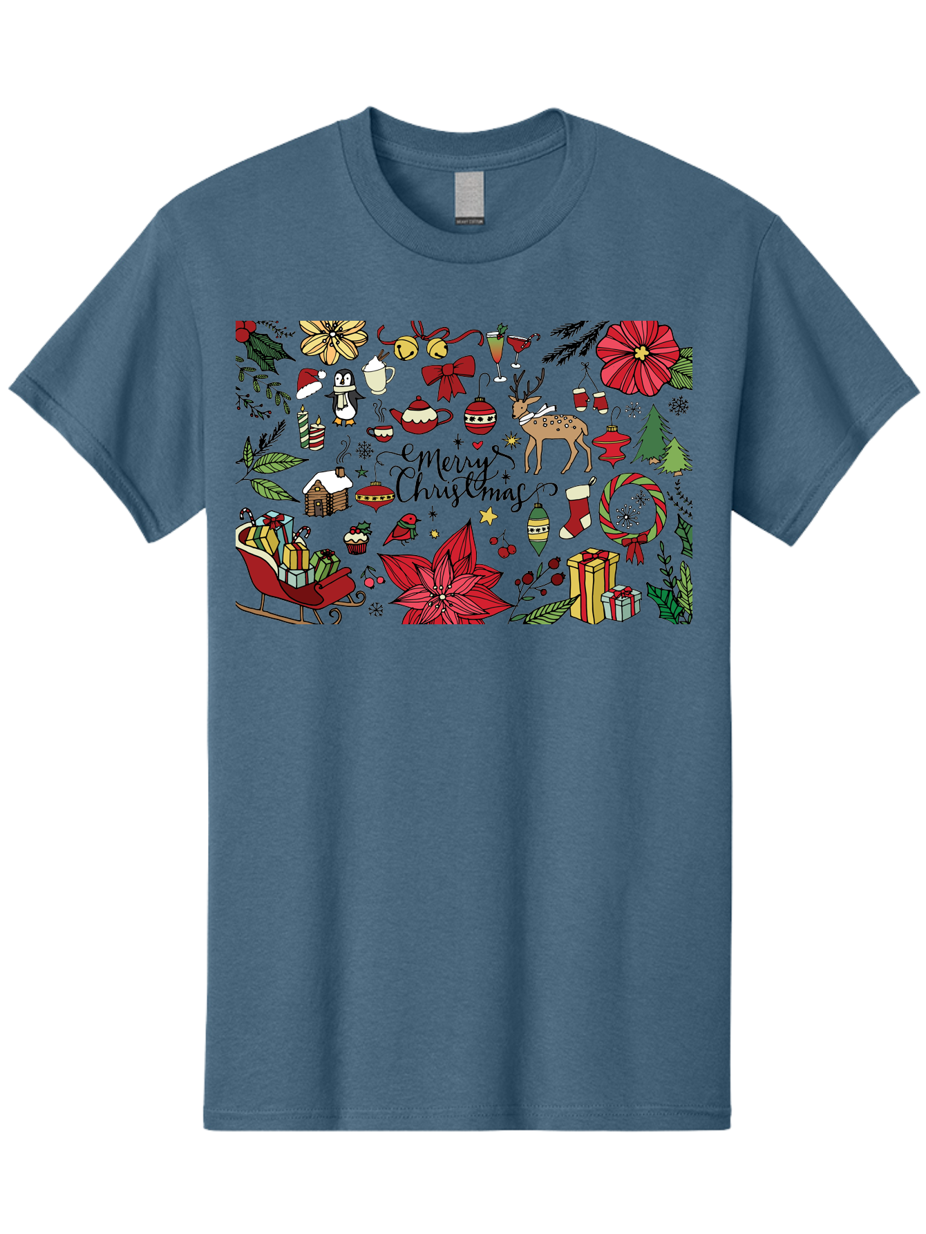 Merry-Christmas Men'S Graphic Tee, 100% Cotton, Comfortable Casual Summer Wear, Machine Washable, Merry Christmas, Holiday Elements, Festive Decorations, Red And Black Illustrations, Christmas Gifts, Sleigh, Reindeer, Poinsettia, - Aaa990