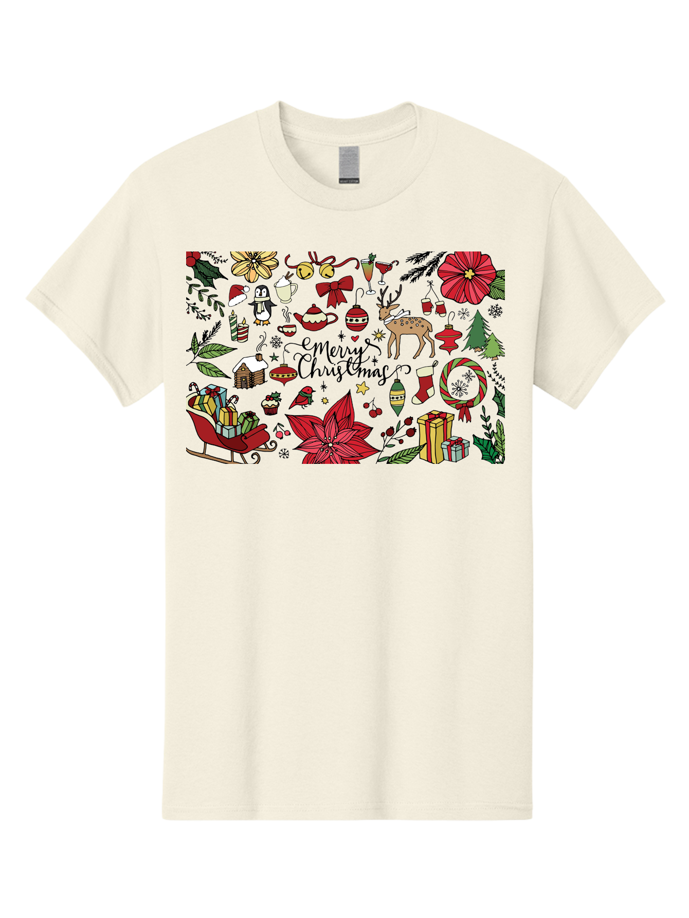 Merry-Christmas Men'S Graphic Tee, 100% Cotton, Comfortable Casual Summer Wear, Machine Washable, Merry Christmas, Holiday Elements, Festive Decorations, Red And Black Illustrations, Christmas Gifts, Sleigh, Reindeer, Poinsettia, - Aaa990