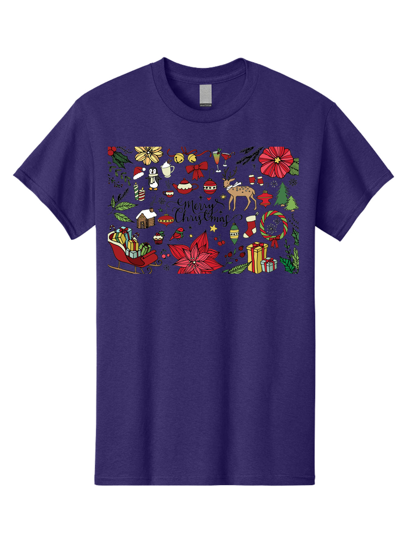 Merry-Christmas Men'S Graphic Tee, 100% Cotton, Comfortable Casual Summer Wear, Machine Washable, Merry Christmas, Holiday Elements, Festive Decorations, Red And Black Illustrations, Christmas Gifts, Sleigh, Reindeer, Poinsettia, - Aaa990