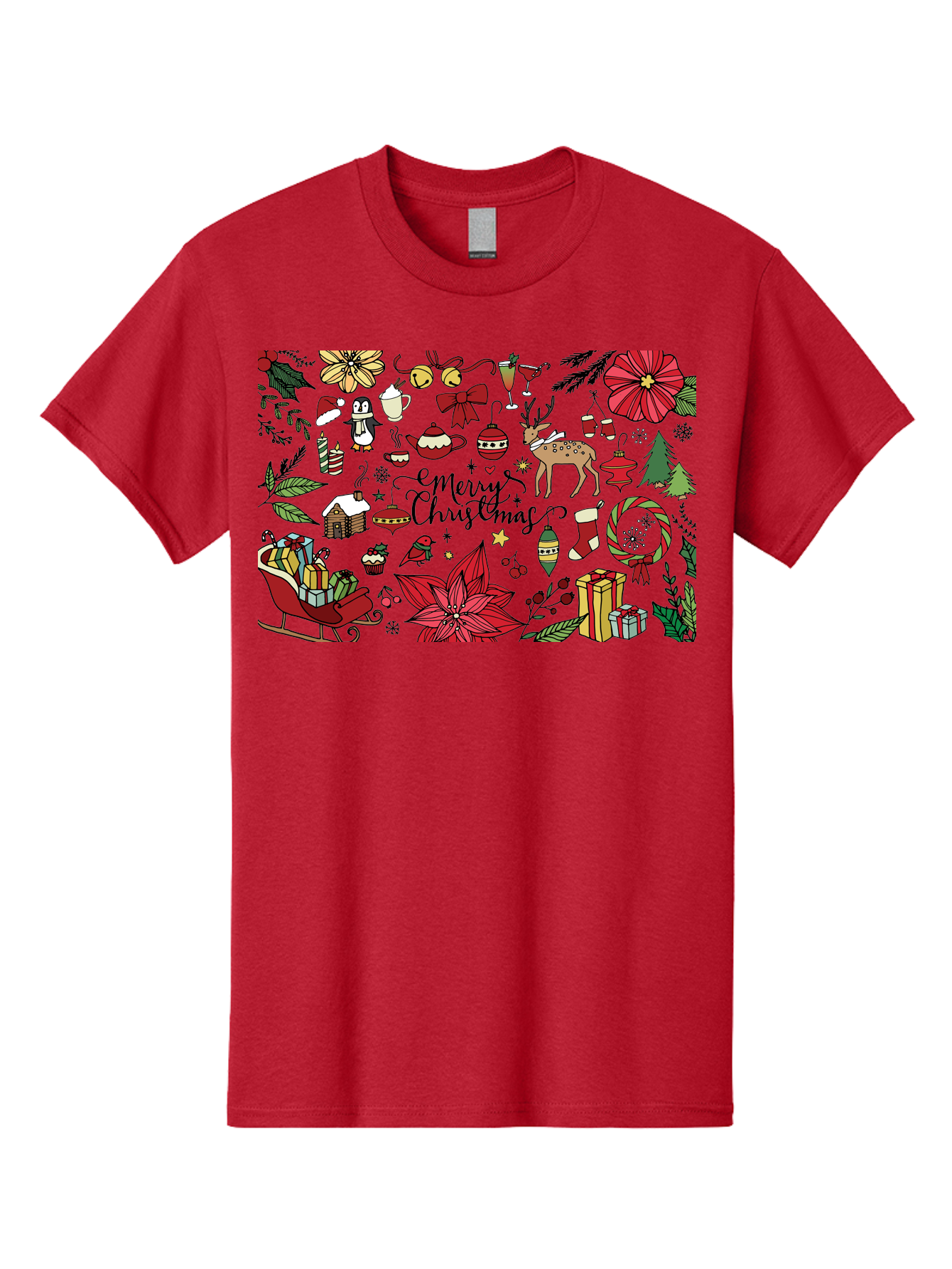 Merry-Christmas Men'S Graphic Tee, 100% Cotton, Comfortable Casual Summer Wear, Machine Washable, Merry Christmas, Holiday Elements, Festive Decorations, Red And Black Illustrations, Christmas Gifts, Sleigh, Reindeer, Poinsettia, - Aaa990