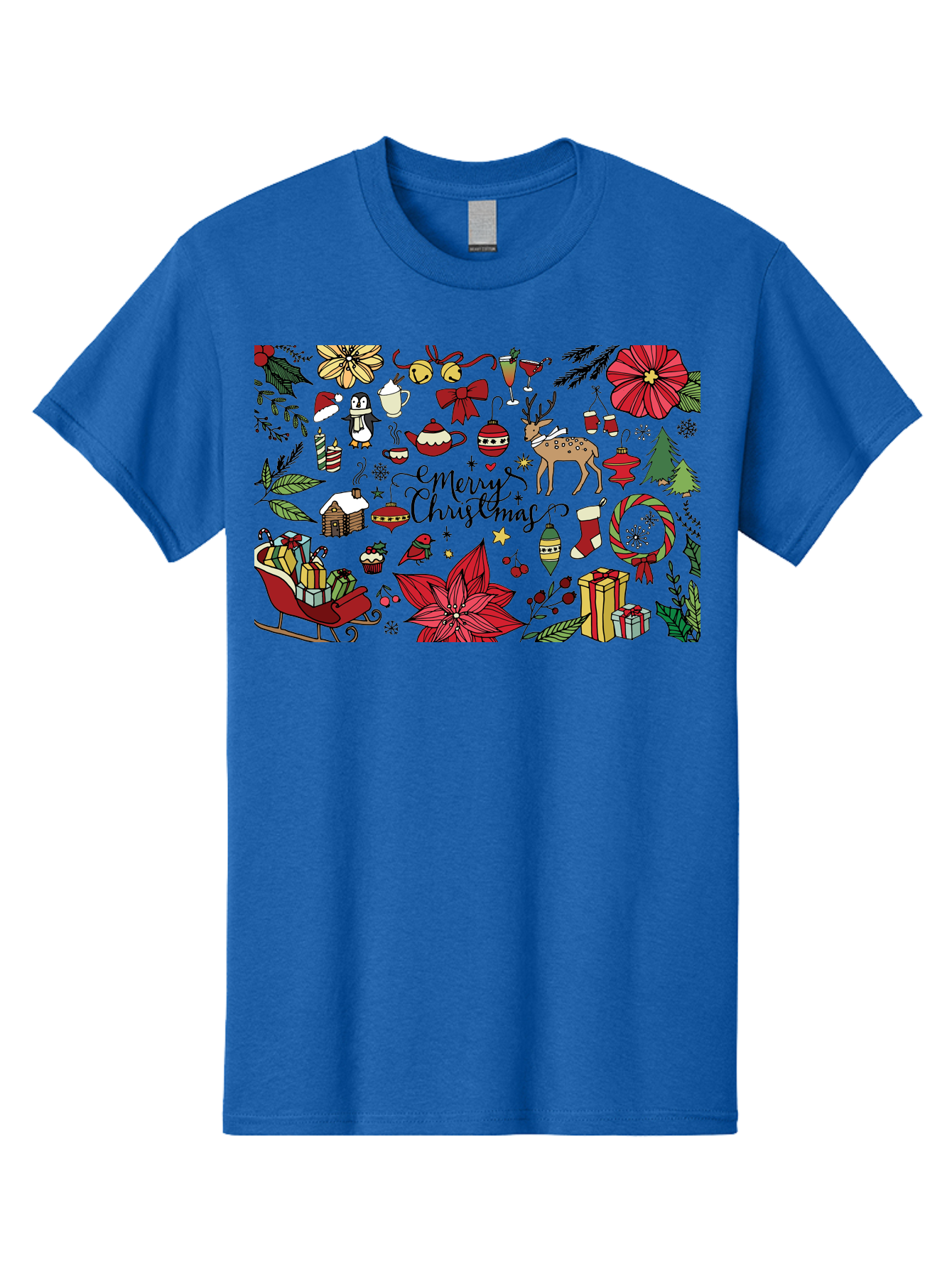 Merry-Christmas Men'S Graphic Tee, 100% Cotton, Comfortable Casual Summer Wear, Machine Washable, Merry Christmas, Holiday Elements, Festive Decorations, Red And Black Illustrations, Christmas Gifts, Sleigh, Reindeer, Poinsettia, - Aaa990