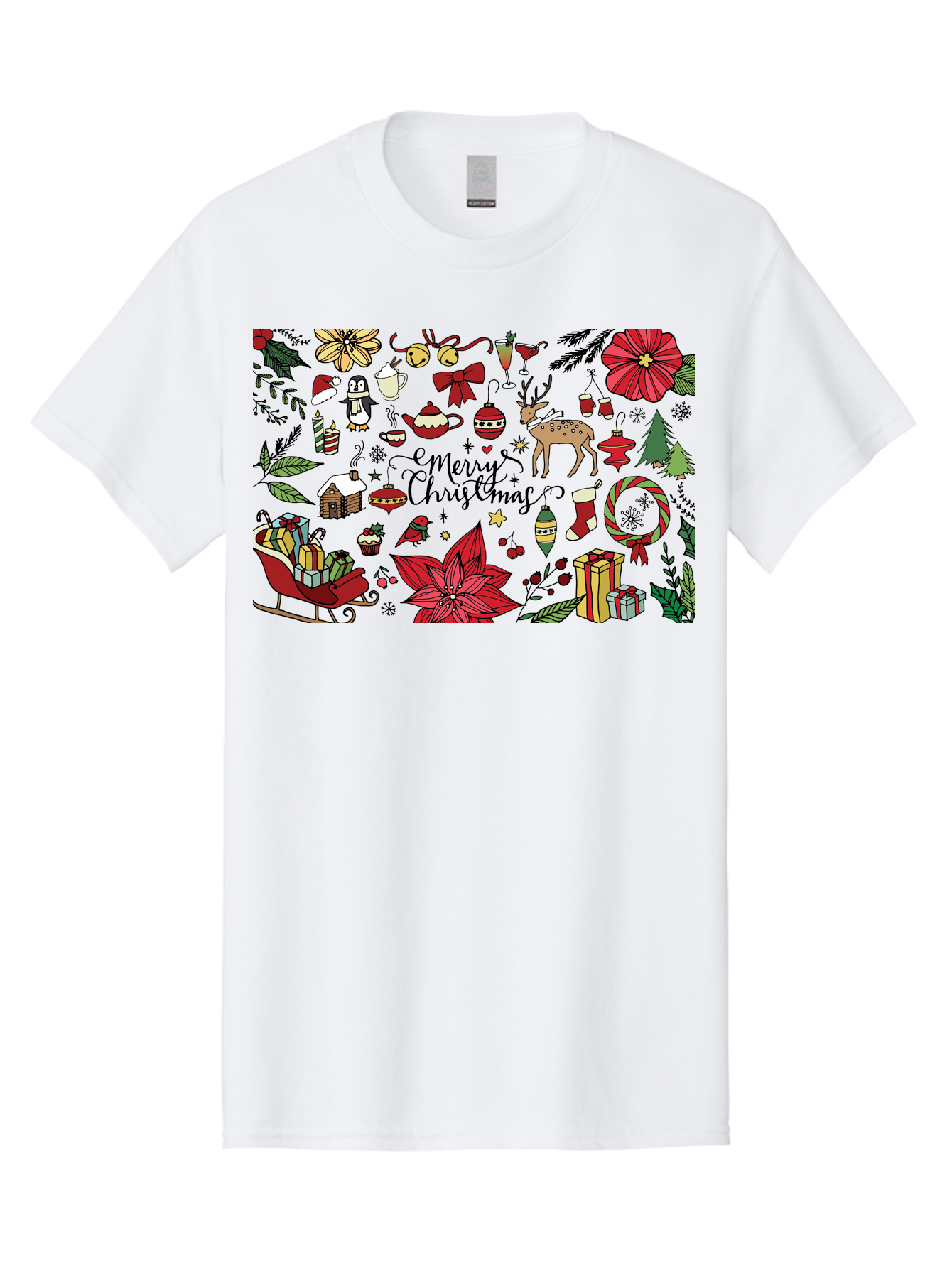 Merry-Christmas Men'S Graphic Tee, 100% Cotton, Comfortable Casual Summer Wear, Machine Washable, Merry Christmas, Holiday Elements, Festive Decorations, Red And Black Illustrations, Christmas Gifts, Sleigh, Reindeer, Poinsettia, - Aaa990