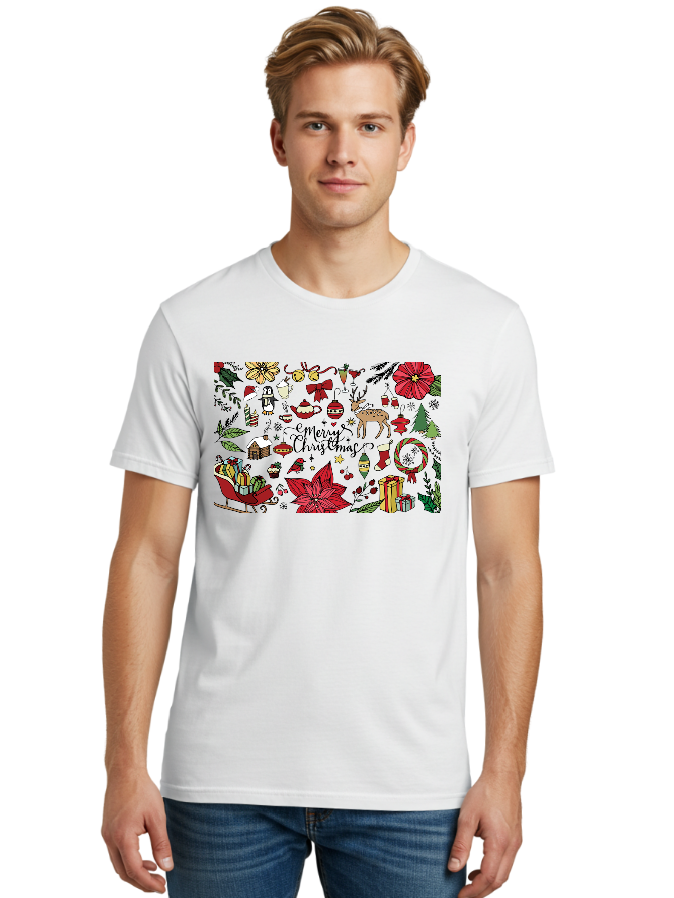 Merry-Christmas Men'S Graphic Tee, 100% Cotton, Comfortable Casual Summer Wear, Machine Washable, Merry Christmas, Holiday Elements, Festive Decorations, Red And Black Illustrations, Christmas Gifts, Sleigh, Reindeer, Poinsettia, - Aaa990