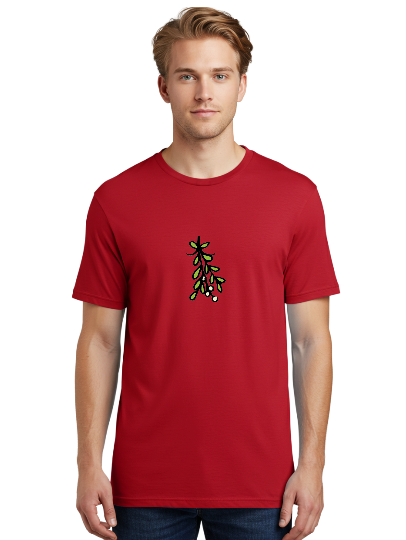 Mistletoe-2 Men'S Graphic Tee, 100% Cotton, Comfortable Casual Summer Wear, Machine Washable, Mistletoe Illustration, Cartoon Style, Festive Holiday Decoration, Christmas Tradition, Green Leaves, White Berries, Whimsical Art, - Aaa995