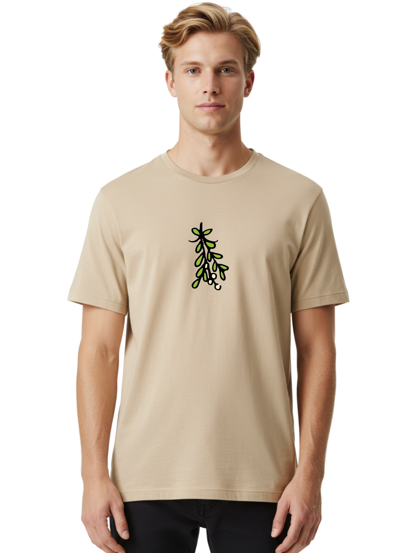 Mistletoe-2 Men'S Graphic Tee, 100% Cotton, Comfortable Casual Summer Wear, Machine Washable, Mistletoe Illustration, Cartoon Style, Festive Holiday Decoration, Christmas Tradition, Green Leaves, White Berries, Whimsical Art, - Aaa995