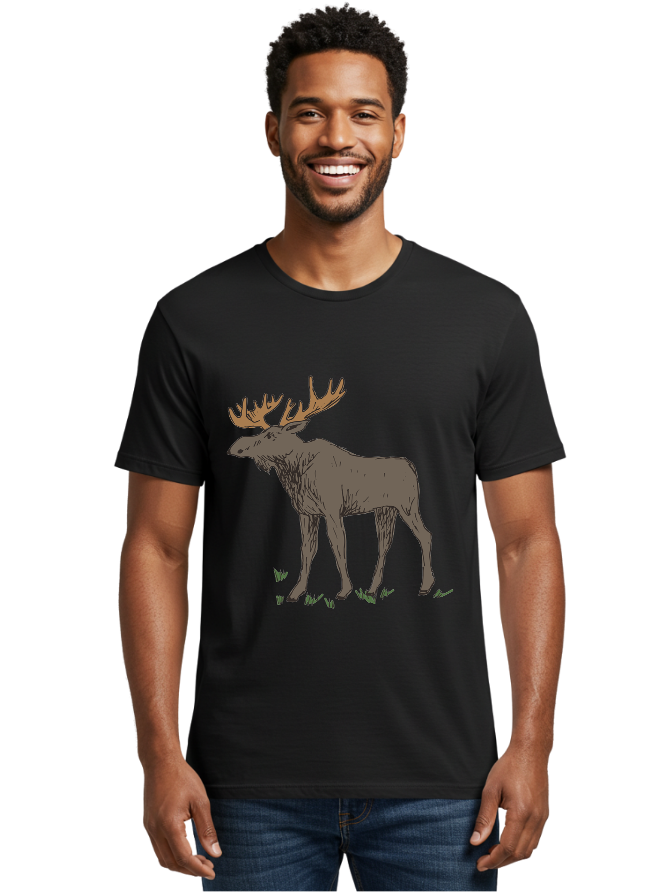 Moose-1 Men'S Graphic Tee, 100% Cotton, Comfortable Casual Summer Wear, Machine Washable, Illustration Of A Moose, Large Antlers, Wildlife, Animal Art, Cartoon Style, Wildlife Illustration, Mammal Drawing, Forest Creature, Nature Graphic - Aaa997