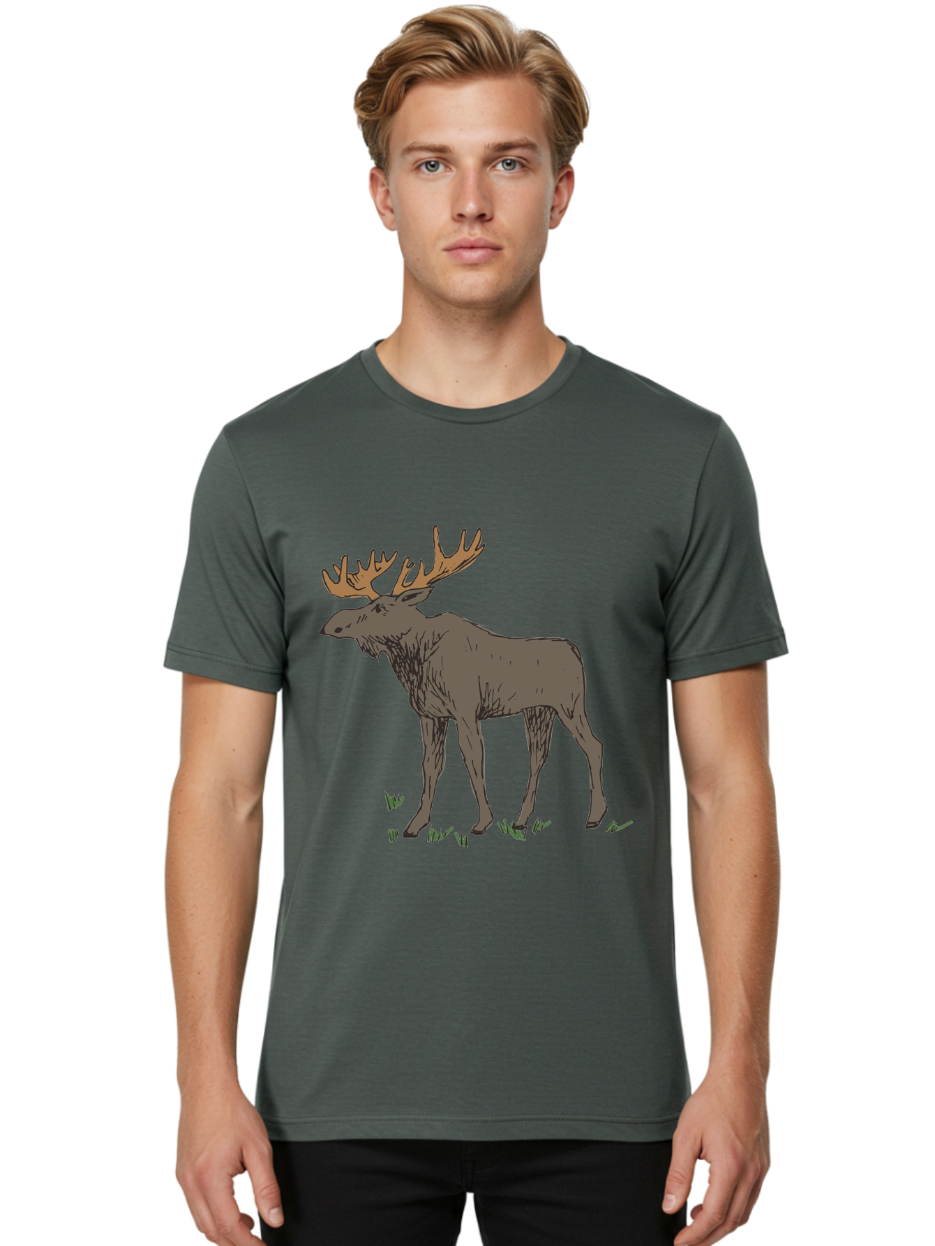 Moose-1 Men'S Graphic Tee, 100% Cotton, Comfortable Casual Summer Wear, Machine Washable, Illustration Of A Moose, Large Antlers, Wildlife, Animal Art, Cartoon Style, Wildlife Illustration, Mammal Drawing, Forest Creature, Nature Graphic - Aaa997