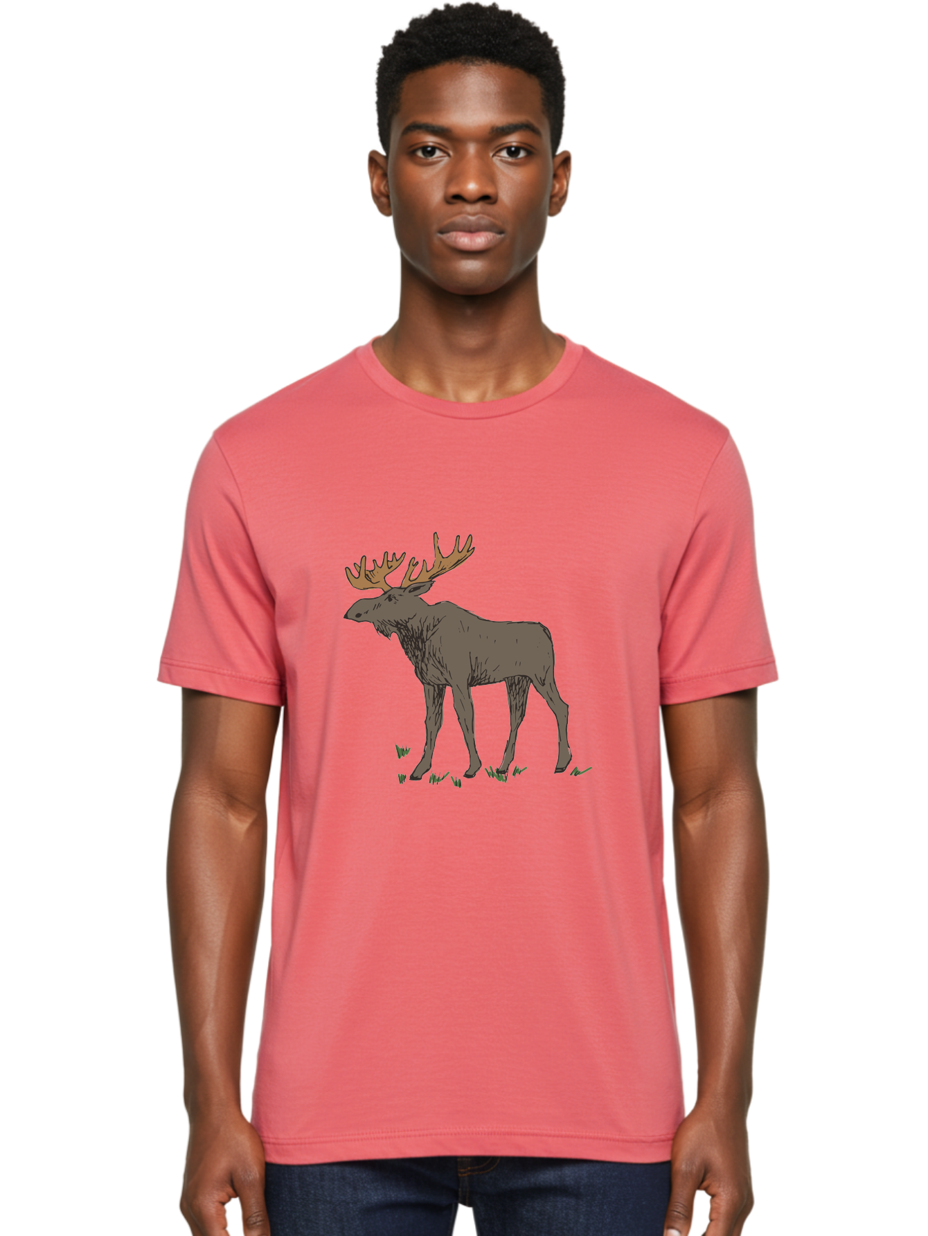 Moose-1 Men'S Graphic Tee, 100% Cotton, Comfortable Casual Summer Wear, Machine Washable, Illustration Of A Moose, Large Antlers, Wildlife, Animal Art, Cartoon Style, Wildlife Illustration, Mammal Drawing, Forest Creature, Nature Graphic - Aaa997