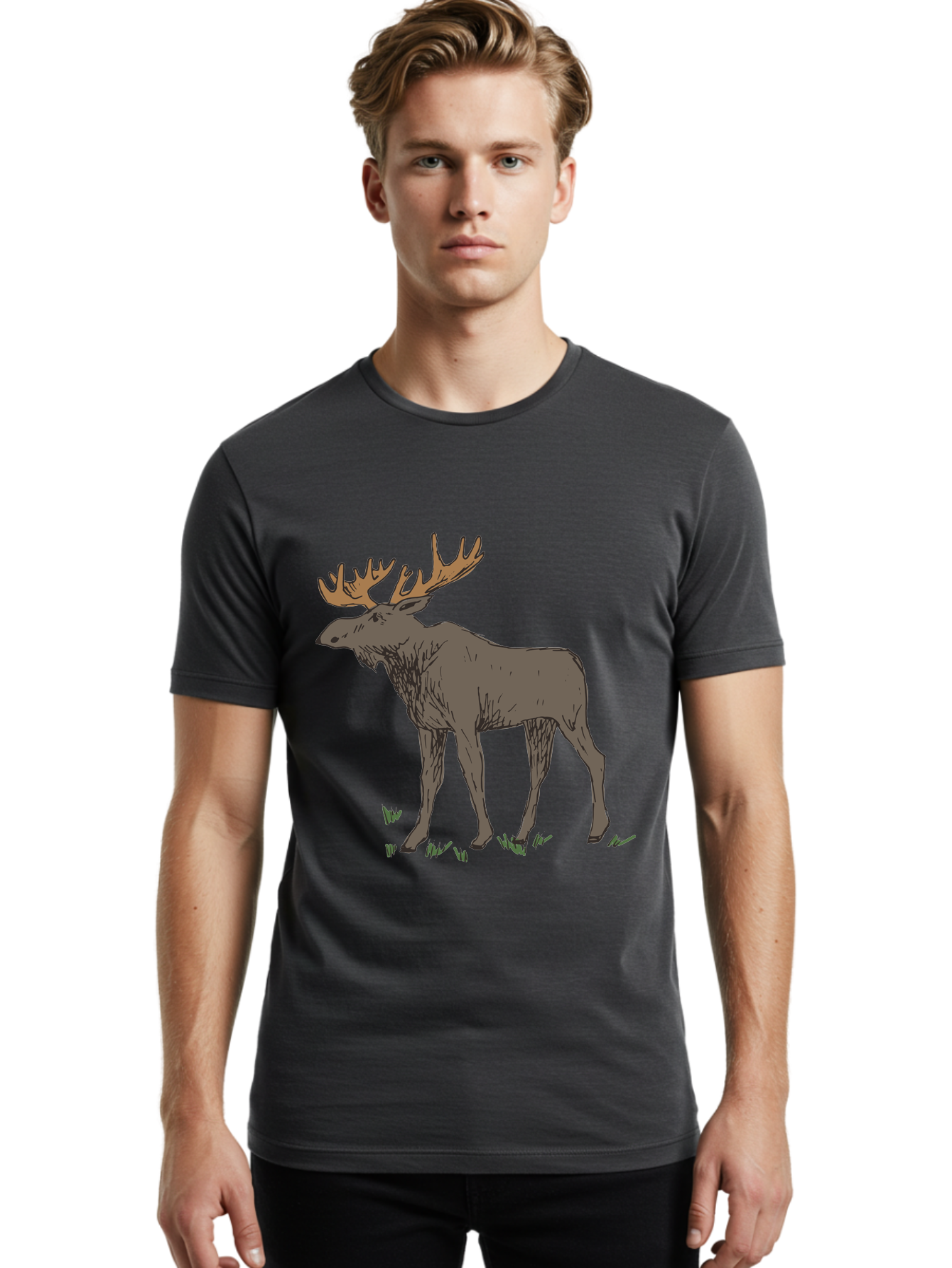 Moose-1 Men'S Graphic Tee, 100% Cotton, Comfortable Casual Summer Wear, Machine Washable, Illustration Of A Moose, Large Antlers, Wildlife, Animal Art, Cartoon Style, Wildlife Illustration, Mammal Drawing, Forest Creature, Nature Graphic - Aaa997