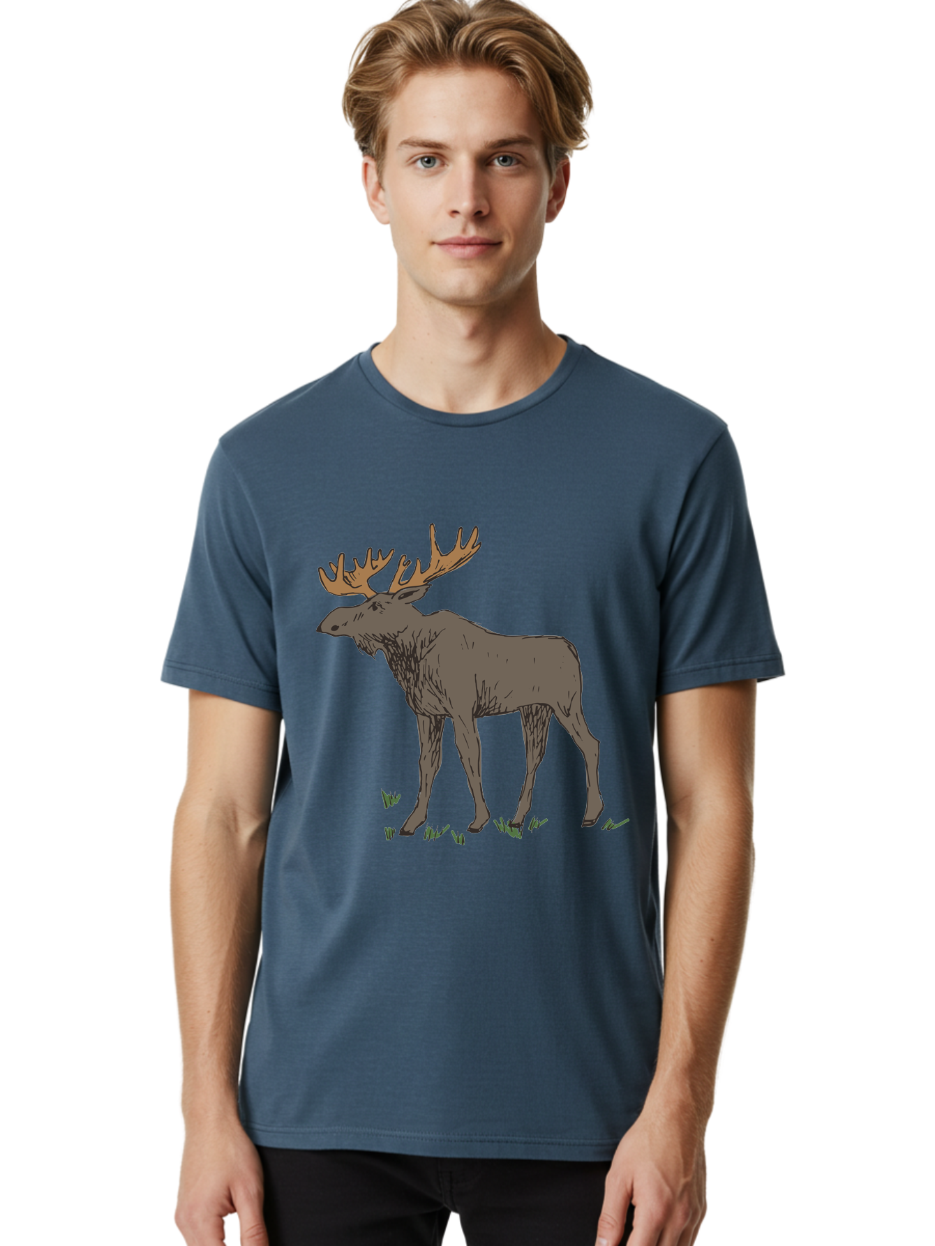 Moose-1 Men'S Graphic Tee, 100% Cotton, Comfortable Casual Summer Wear, Machine Washable, Illustration Of A Moose, Large Antlers, Wildlife, Animal Art, Cartoon Style, Wildlife Illustration, Mammal Drawing, Forest Creature, Nature Graphic - Aaa997
