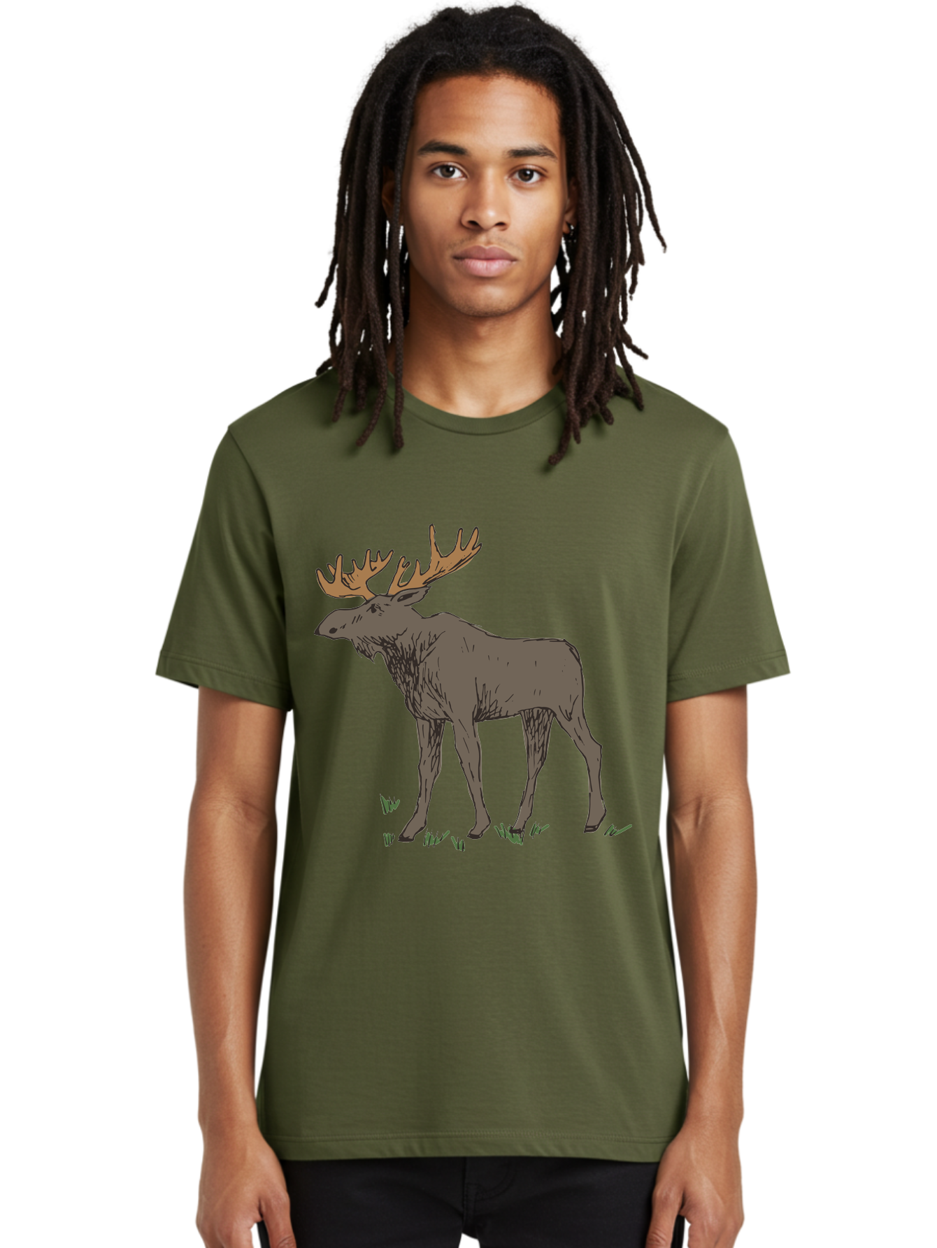 Moose-1 Men'S Graphic Tee, 100% Cotton, Comfortable Casual Summer Wear, Machine Washable, Illustration Of A Moose, Large Antlers, Wildlife, Animal Art, Cartoon Style, Wildlife Illustration, Mammal Drawing, Forest Creature, Nature Graphic - Aaa997