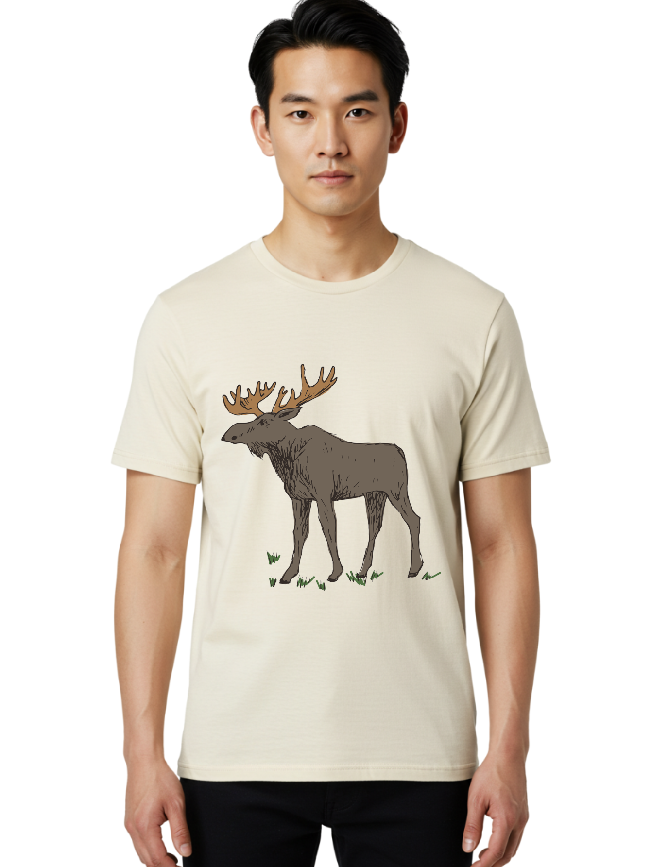 Moose-1 Men'S Graphic Tee, 100% Cotton, Comfortable Casual Summer Wear, Machine Washable, Illustration Of A Moose, Large Antlers, Wildlife, Animal Art, Cartoon Style, Wildlife Illustration, Mammal Drawing, Forest Creature, Nature Graphic - Aaa997