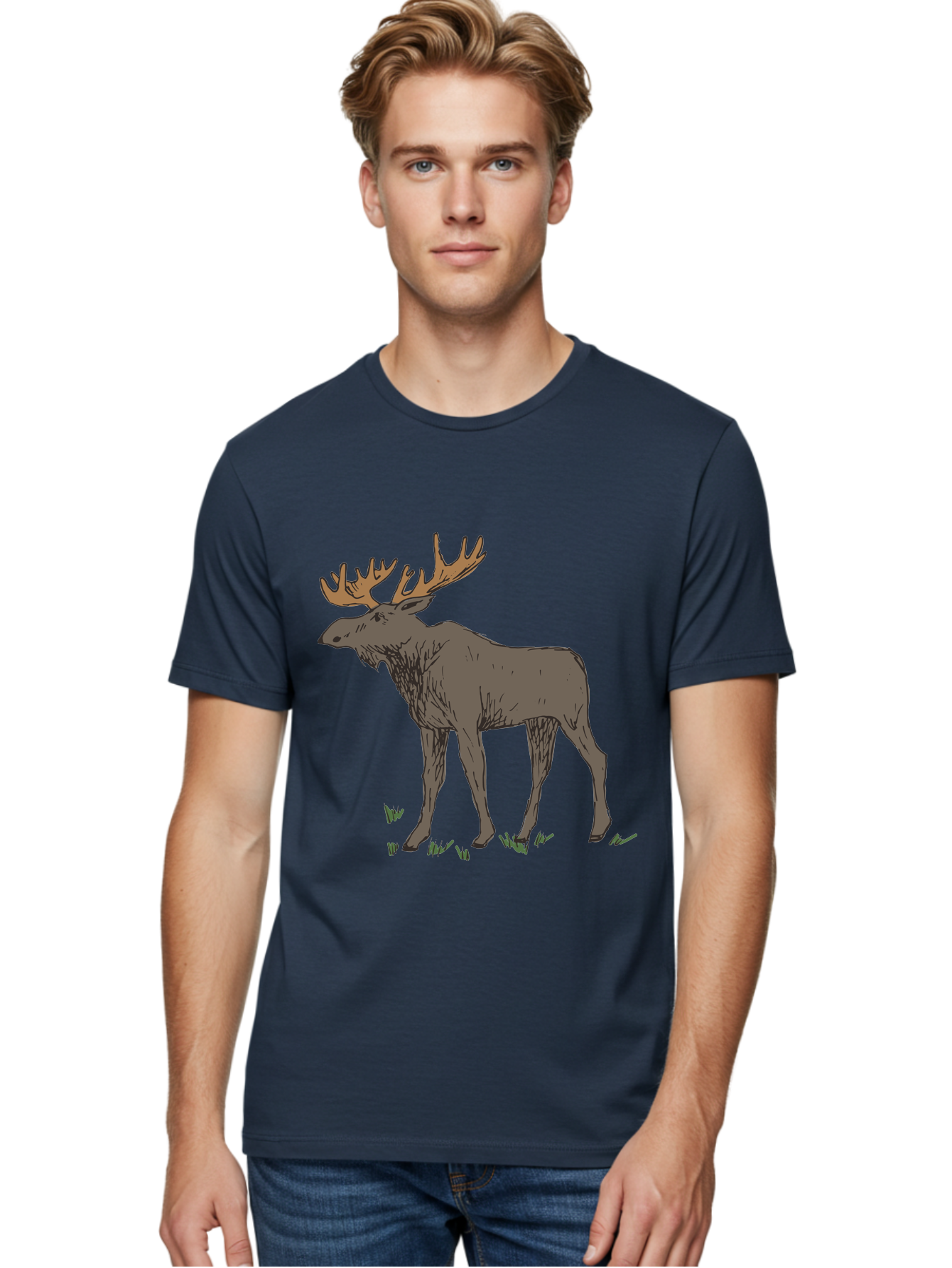 Moose-1 Men'S Graphic Tee, 100% Cotton, Comfortable Casual Summer Wear, Machine Washable, Illustration Of A Moose, Large Antlers, Wildlife, Animal Art, Cartoon Style, Wildlife Illustration, Mammal Drawing, Forest Creature, Nature Graphic - Aaa997