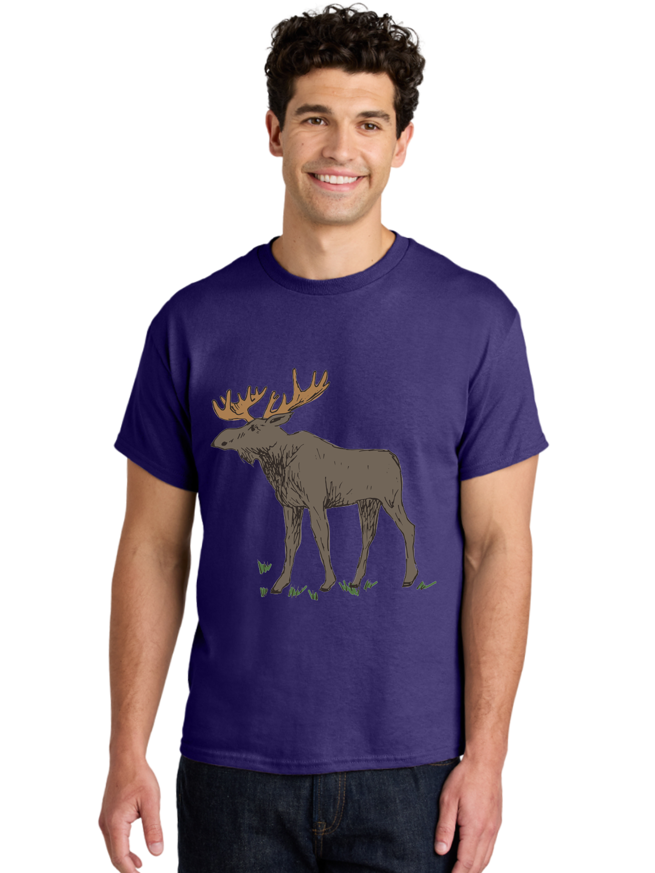 Moose-1 Men'S Graphic Tee, 100% Cotton, Comfortable Casual Summer Wear, Machine Washable, Illustration Of A Moose, Large Antlers, Wildlife, Animal Art, Cartoon Style, Wildlife Illustration, Mammal Drawing, Forest Creature, Nature Graphic - Aaa997