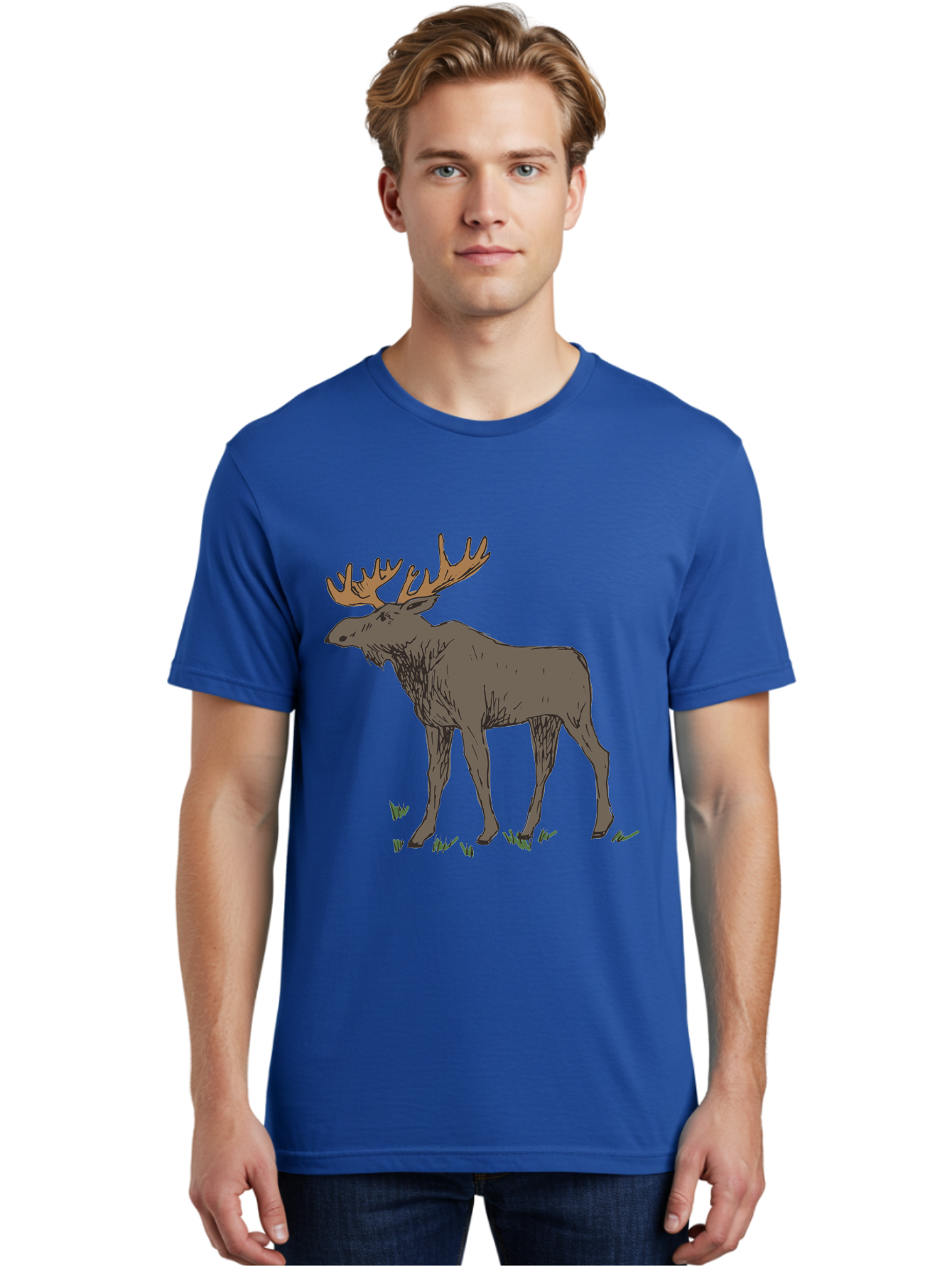 Moose-1 Men'S Graphic Tee, 100% Cotton, Comfortable Casual Summer Wear, Machine Washable, Illustration Of A Moose, Large Antlers, Wildlife, Animal Art, Cartoon Style, Wildlife Illustration, Mammal Drawing, Forest Creature, Nature Graphic - Aaa997