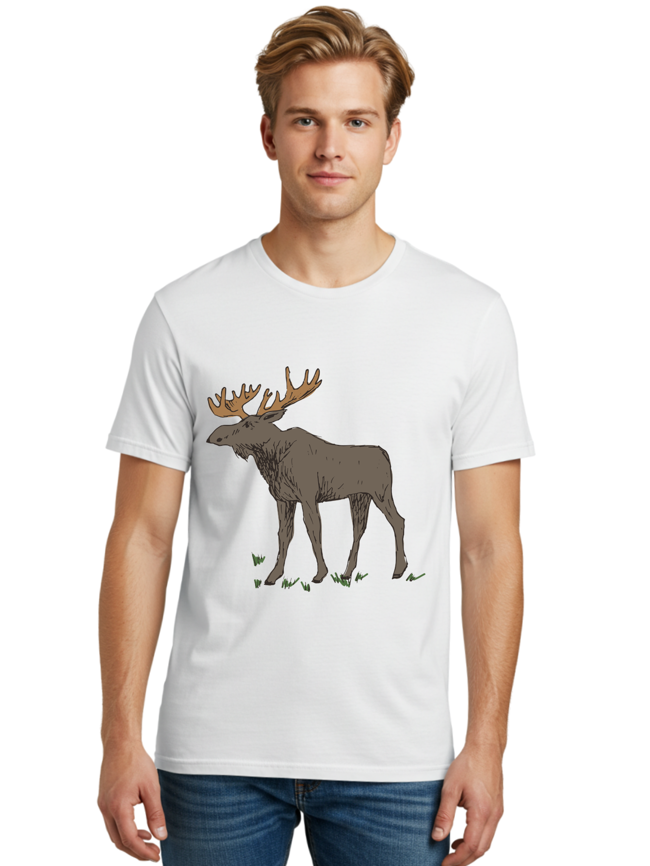 Moose-1 Men'S Graphic Tee, 100% Cotton, Comfortable Casual Summer Wear, Machine Washable, Illustration Of A Moose, Large Antlers, Wildlife, Animal Art, Cartoon Style, Wildlife Illustration, Mammal Drawing, Forest Creature, Nature Graphic - Aaa997