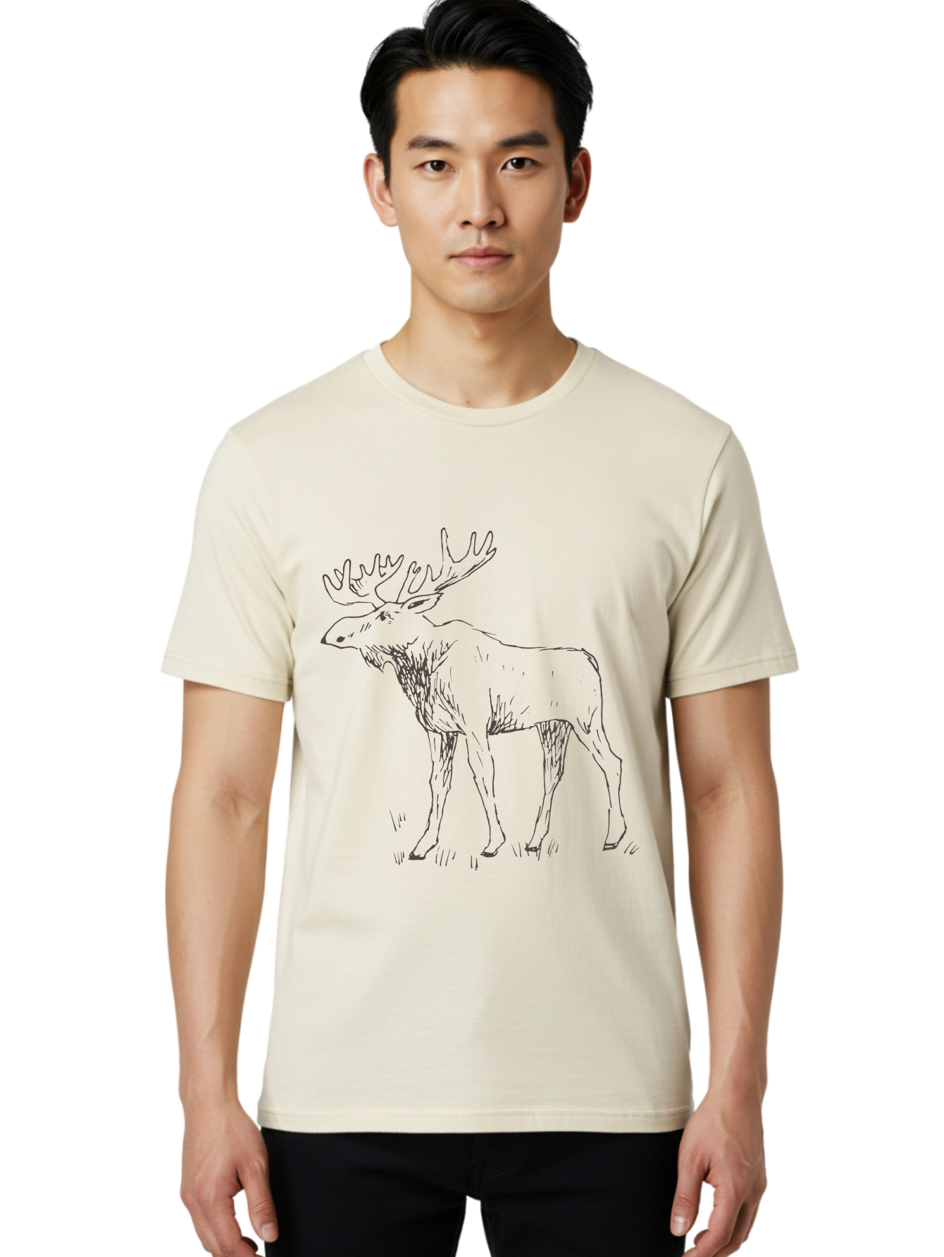 Moose Men'S Graphic Tee, 100% Cotton, Comfortable Casual Summer Wear, Machine Washable, Majestic Elk, Large Antlers, Wildlife Illustration, Grassy Terrain, Animal Portrait, Wildlife Art, Natural Habitat, Forest Dwelling - Aaa998