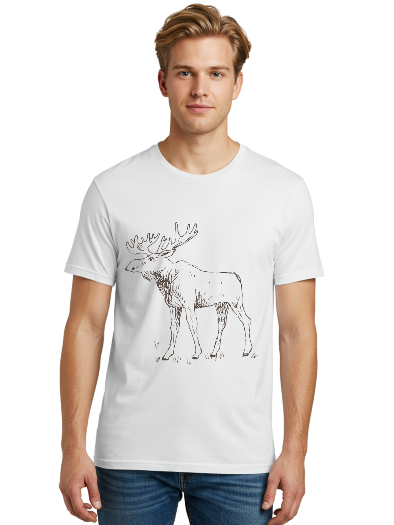 Moose Men'S Graphic Tee, 100% Cotton, Comfortable Casual Summer Wear, Machine Washable, Majestic Elk, Large Antlers, Wildlife Illustration, Grassy Terrain, Animal Portrait, Wildlife Art, Natural Habitat, Forest Dwelling - Aaa998